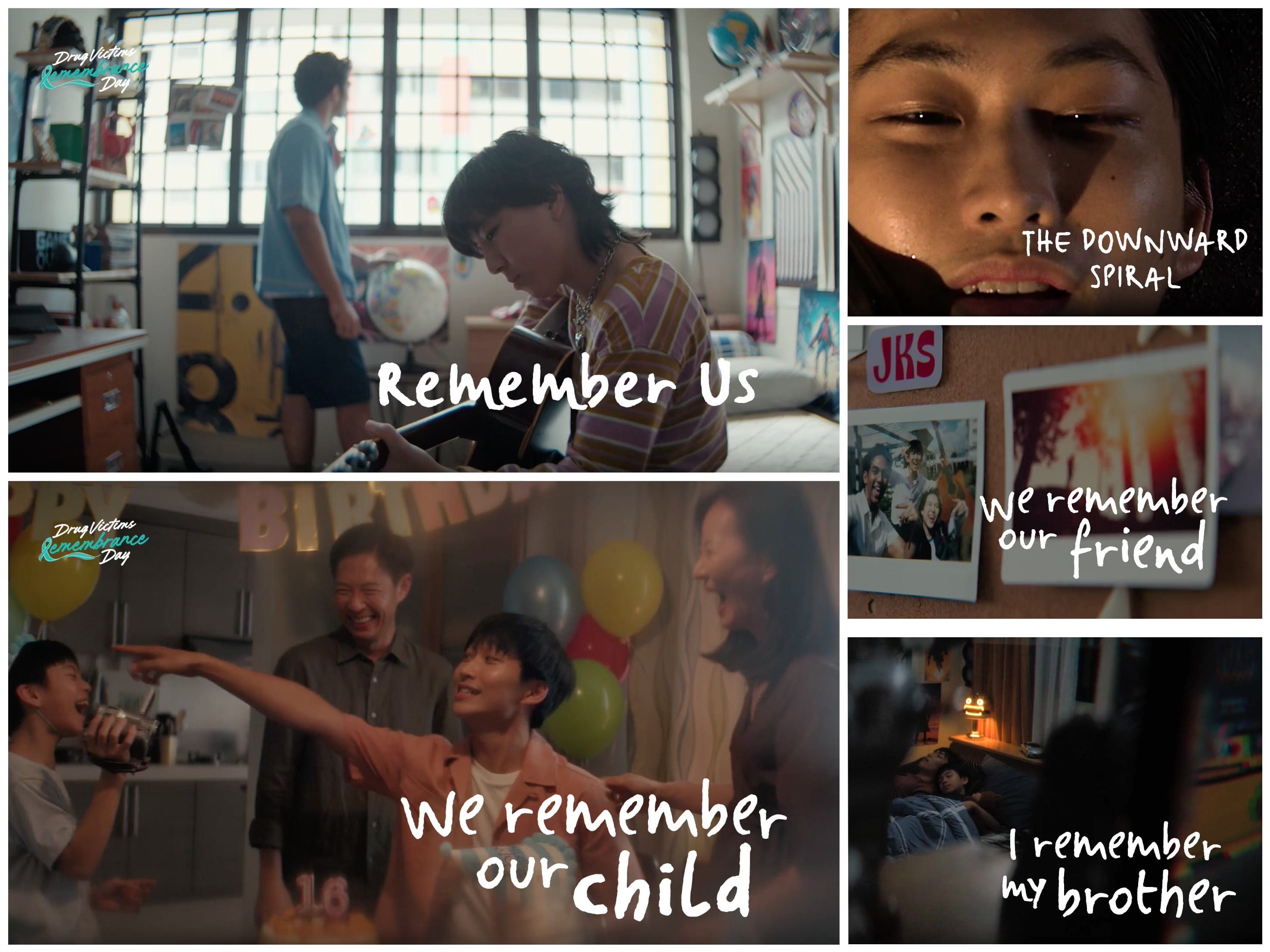 Collage: People in various settings labeled "Drug Victims Remembrance Day," "Remember Us," "The Downward Spiral," "We remember".