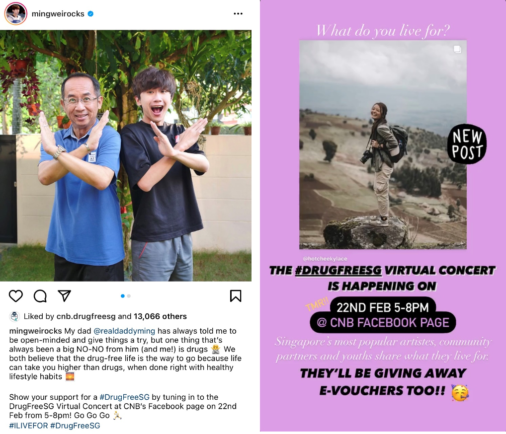 Two men in crossed-arms gesture next to concert promo for #DrugFreeSG on CNB Facebook.