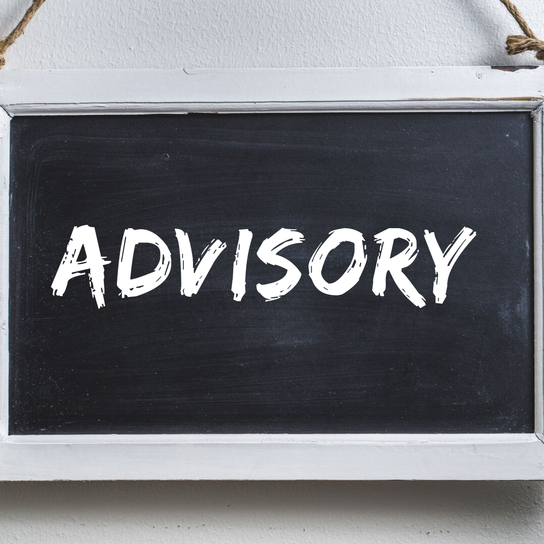 The word "Advisory" in white on a blackboard textured frame.