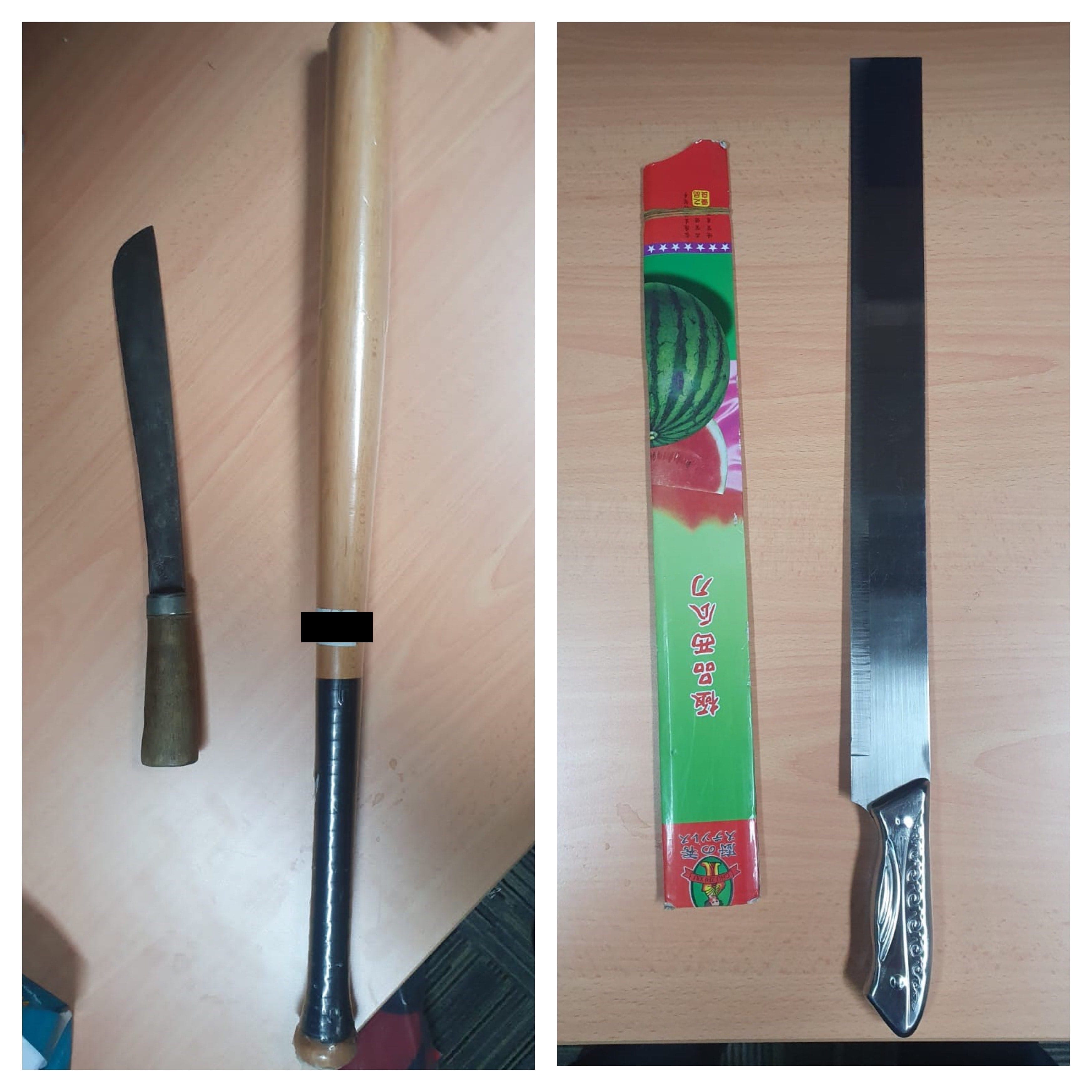 Split image showing: a machete, a baseball bat, a watermelon knife box, and a watermelon knife.