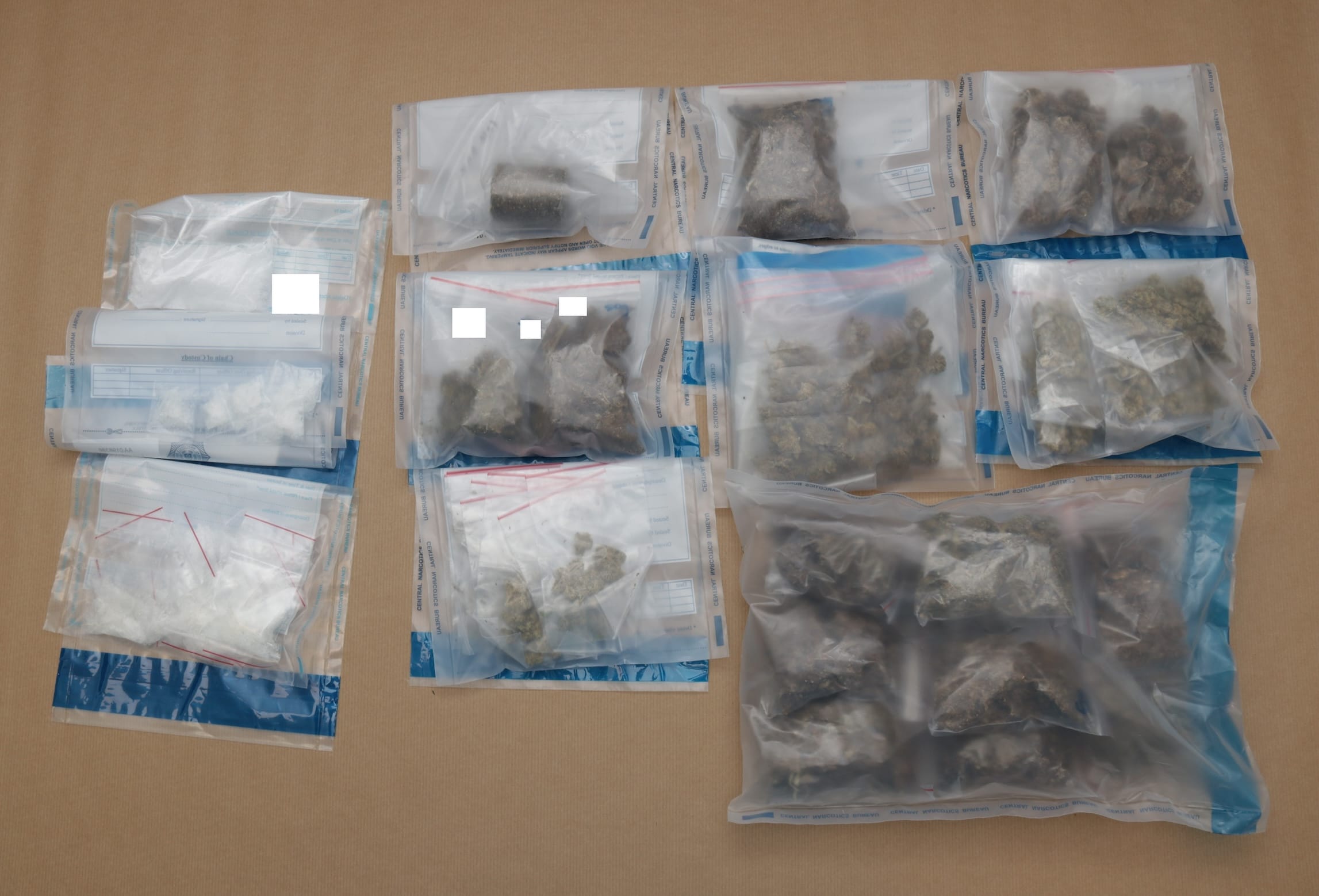 Bags, likely evidence, containing a mix of white powders and leafy green/brown substances. "Central Narcotics Bureau" printed on the bags.