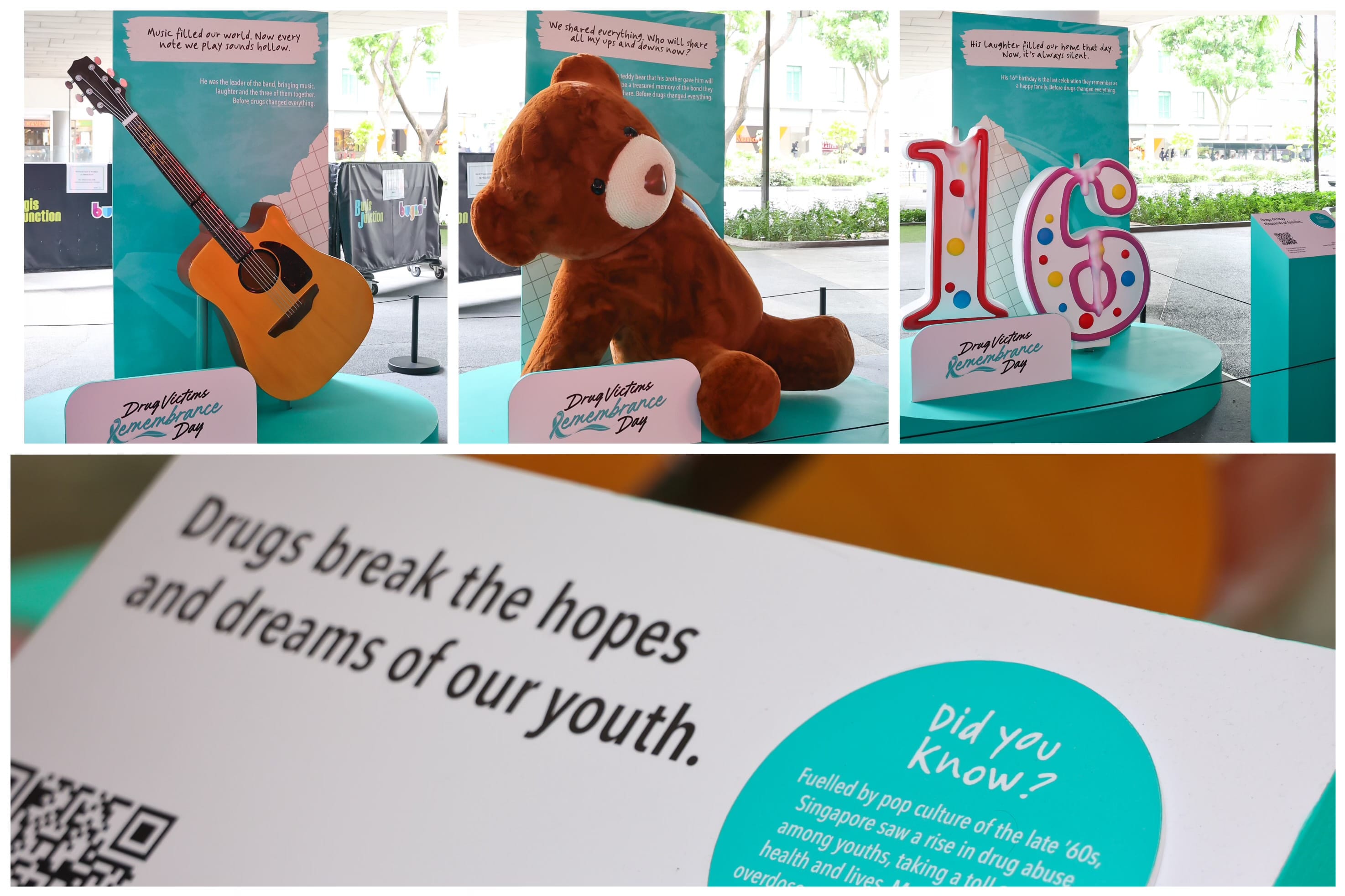 Guitar, teddy bear, number "16" display for Drug Victims Remembrance Day with related text panels.