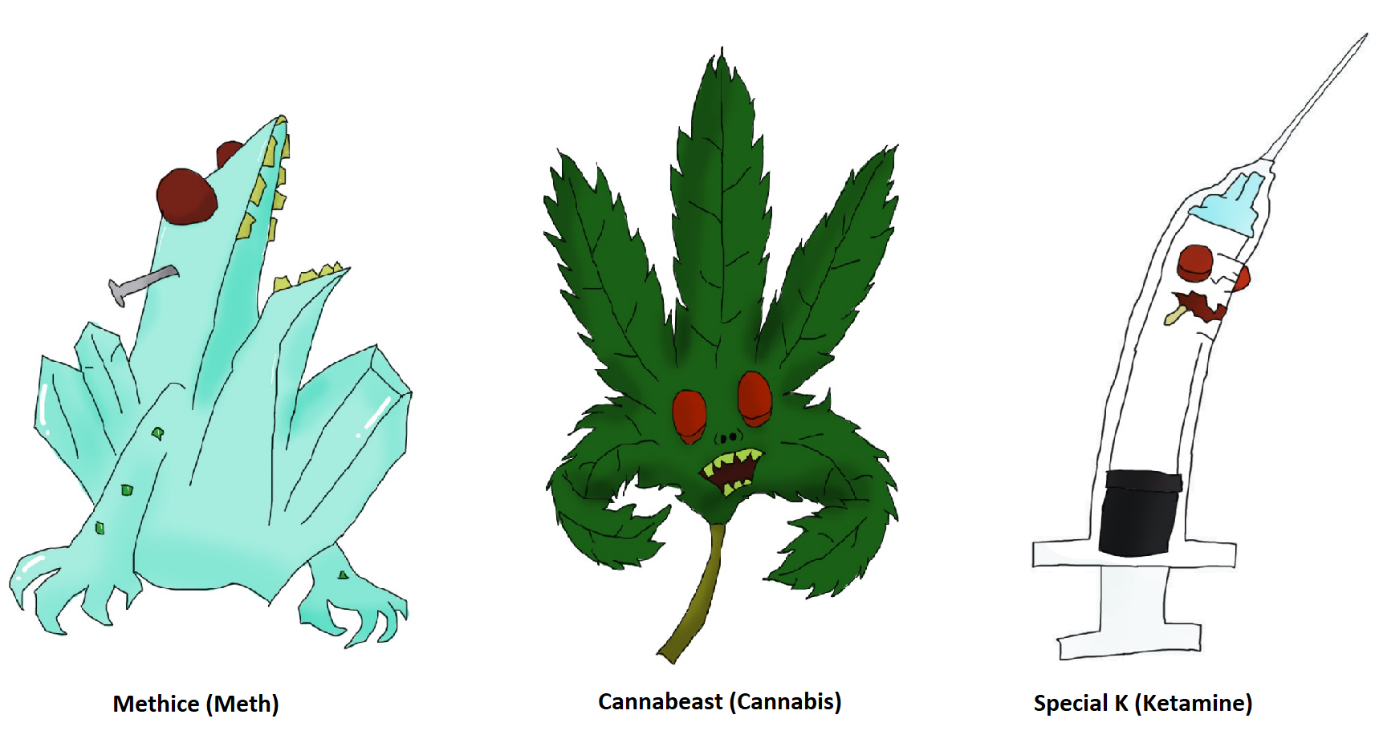 Three stylized drawings: "Methice," "Cannabeast," and "Special K," depicted as drug personifications.