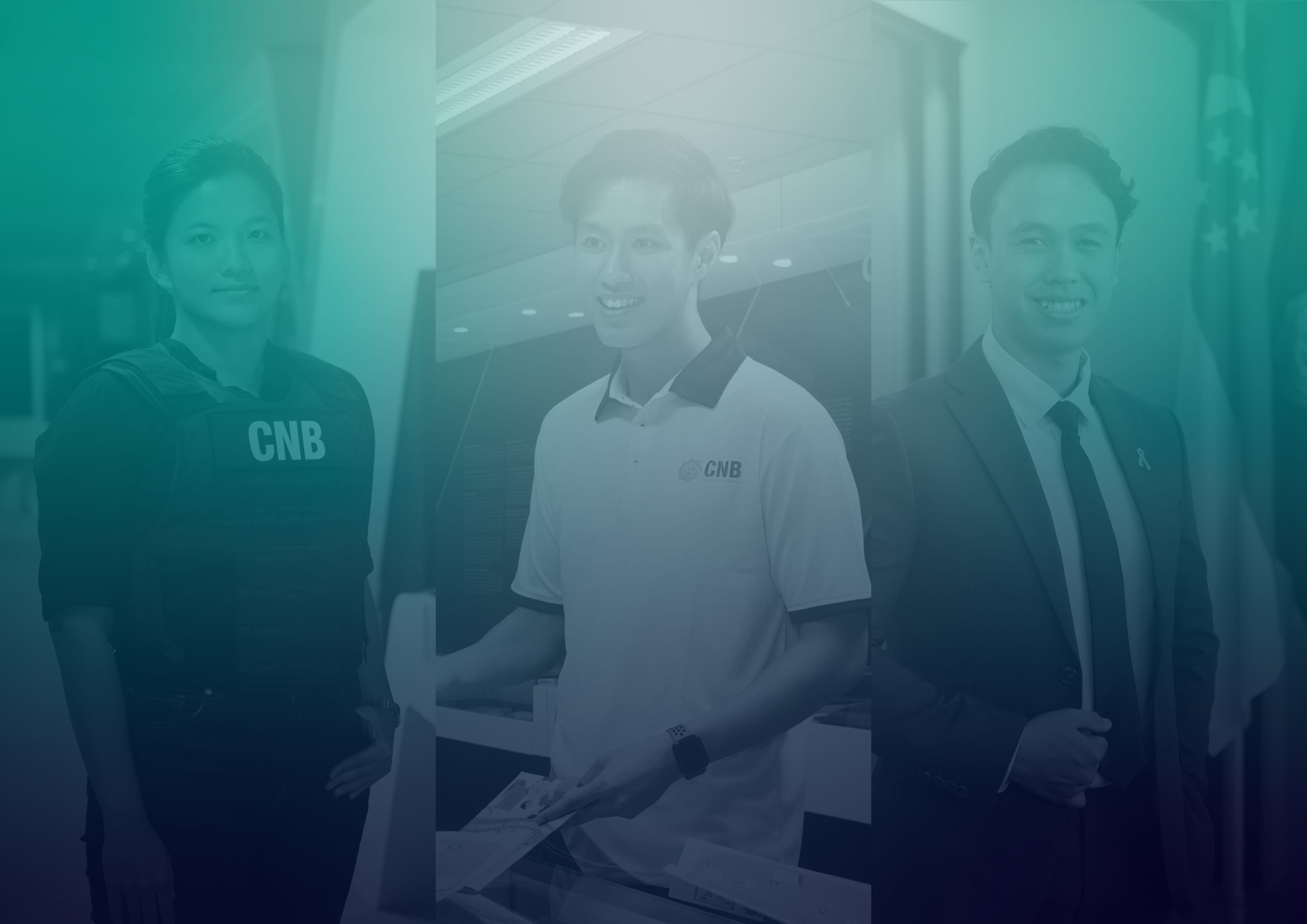 A diverse group of people, including a CNB officer, a professional in a suit, and students.