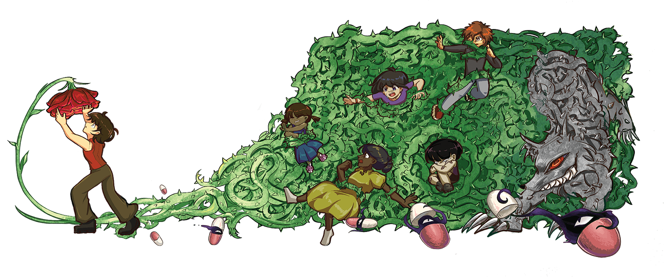 Digital art shows a person pulling a rose from thorny vines trapping children and a wolf.