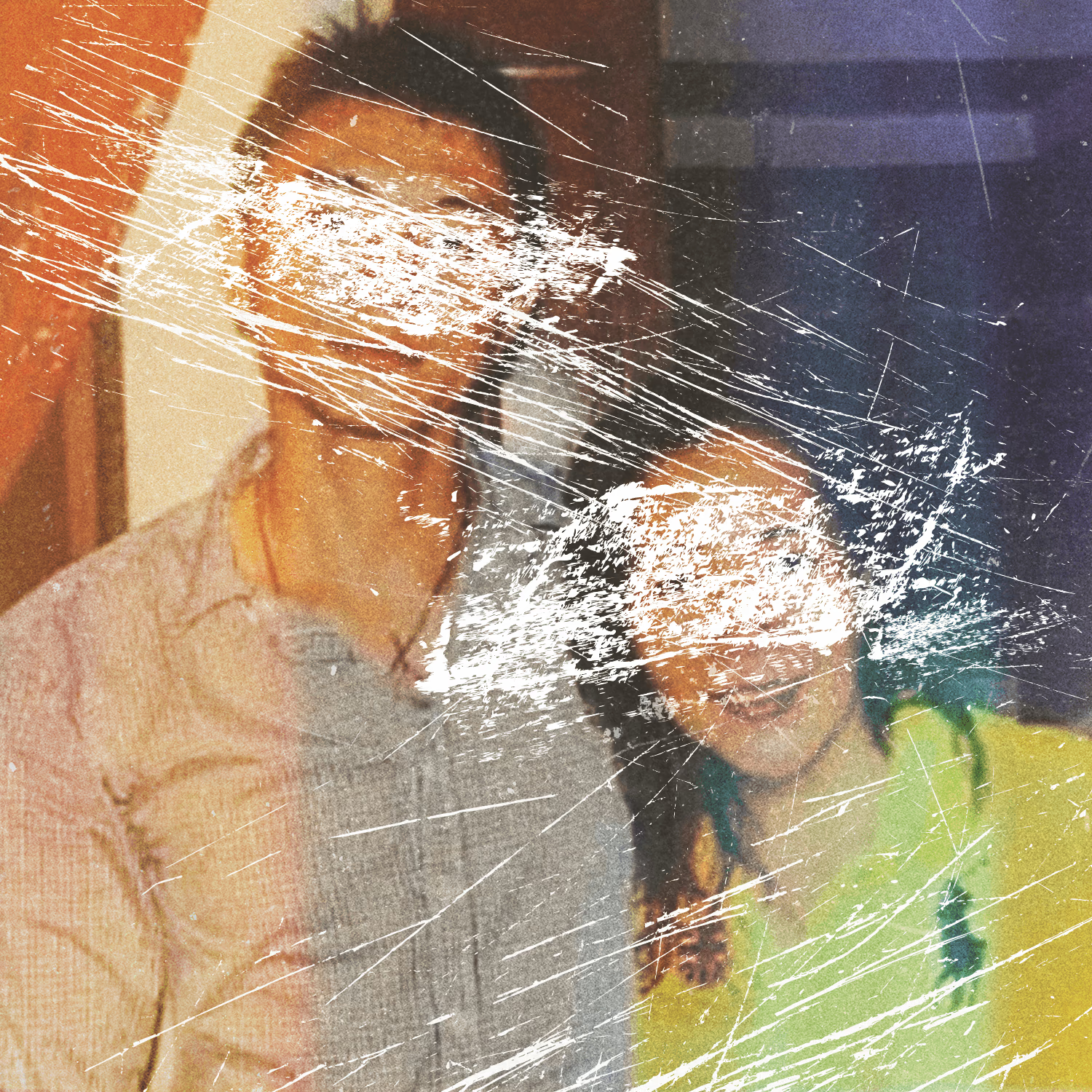 Scratched out photo of a man and woman