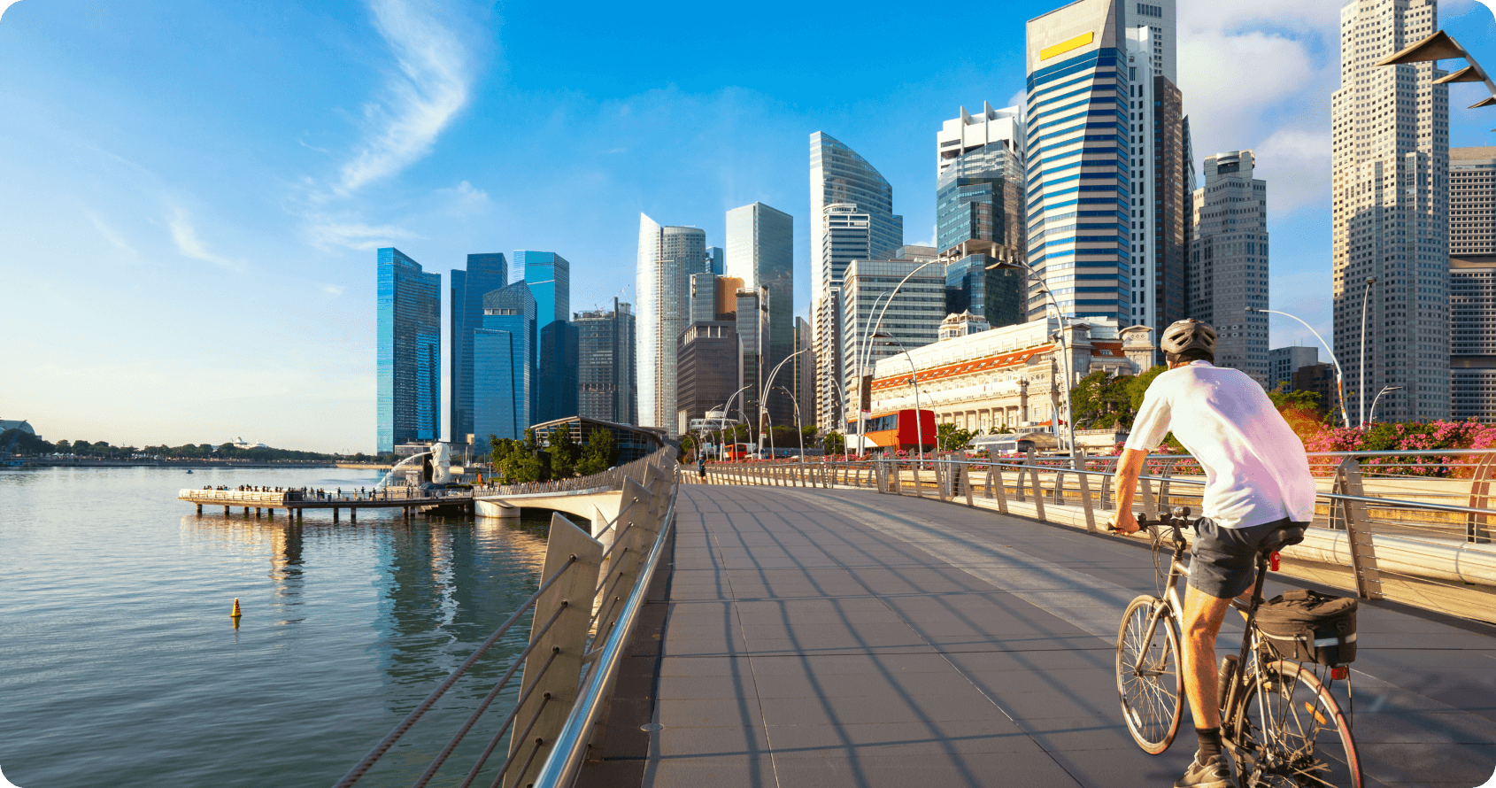 A cyclist rides along an elevated bridge or walkway with Singapore's modern urban skyline visible in the background, featuring high-rise buildings under a clear blue sky, with water visible below. The scene demonstrates the integration of active mobility infrastructure within Singapore's built environment, showcasing how urban planning creates vibrant, liveable and sustainable cityscapes that connect communities while supporting environmental goals.