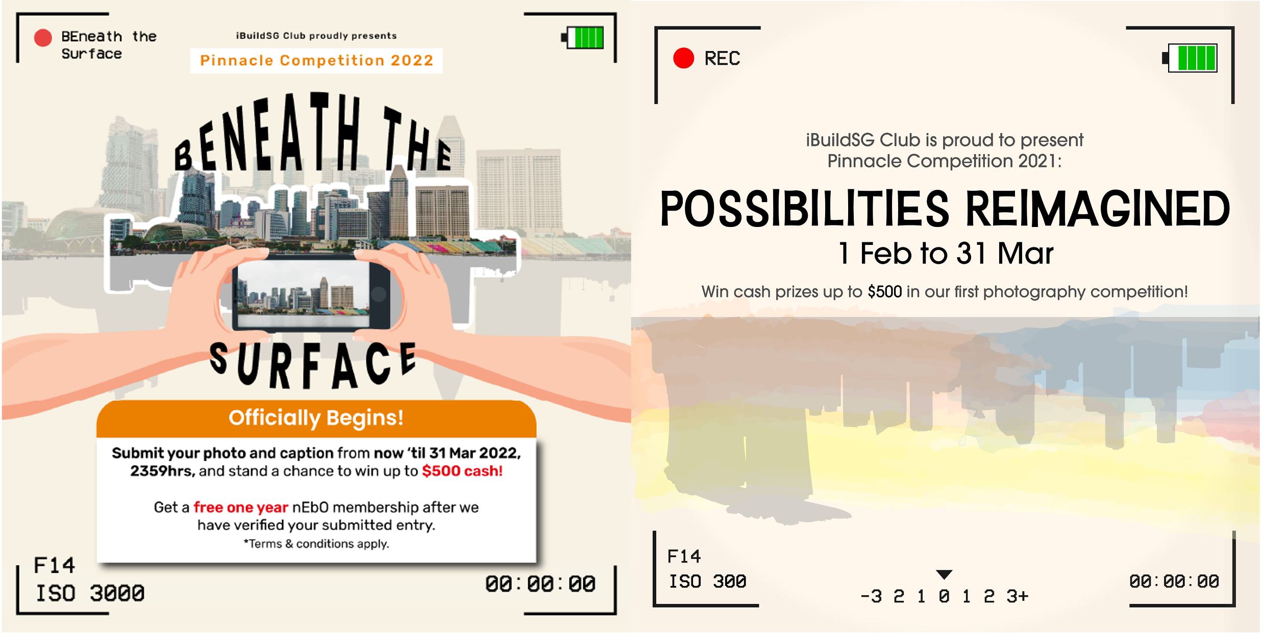 A collage of past competition posters, including "Beneath the Surface" and "Possibilities Reimagined," showcasing photography and creative challenges with prize incentives and submission details.