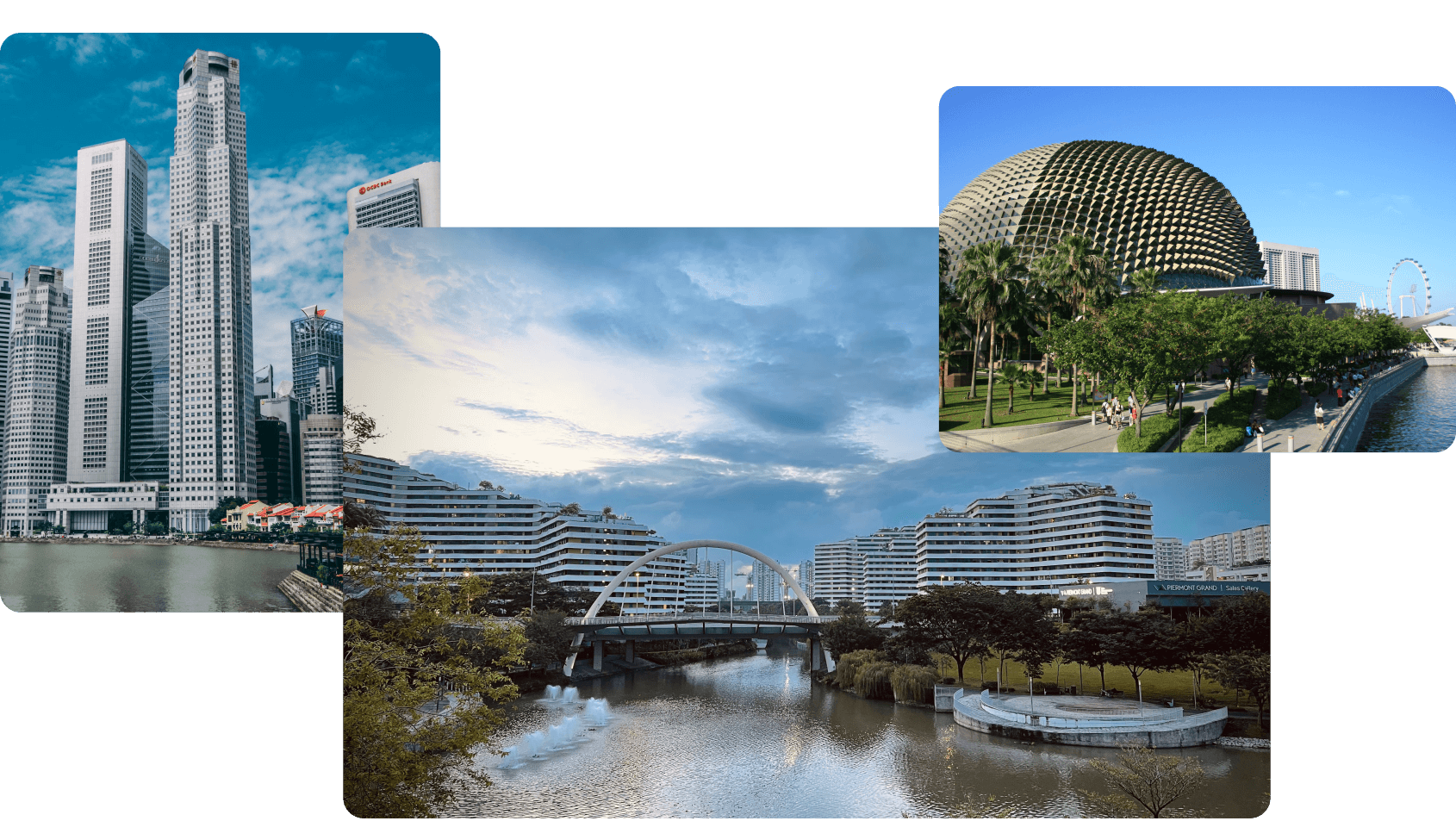 Three photographs showcasing Singapore's diverse built environment: a panoramic view of the city's iconic skyline with towering skyscrapers, the distinctive Esplanade performing arts centre with its durian-shaped domes surrounded by waterfront greenery, and riverfront commercial and residential buildings captured during golden hour sunset.