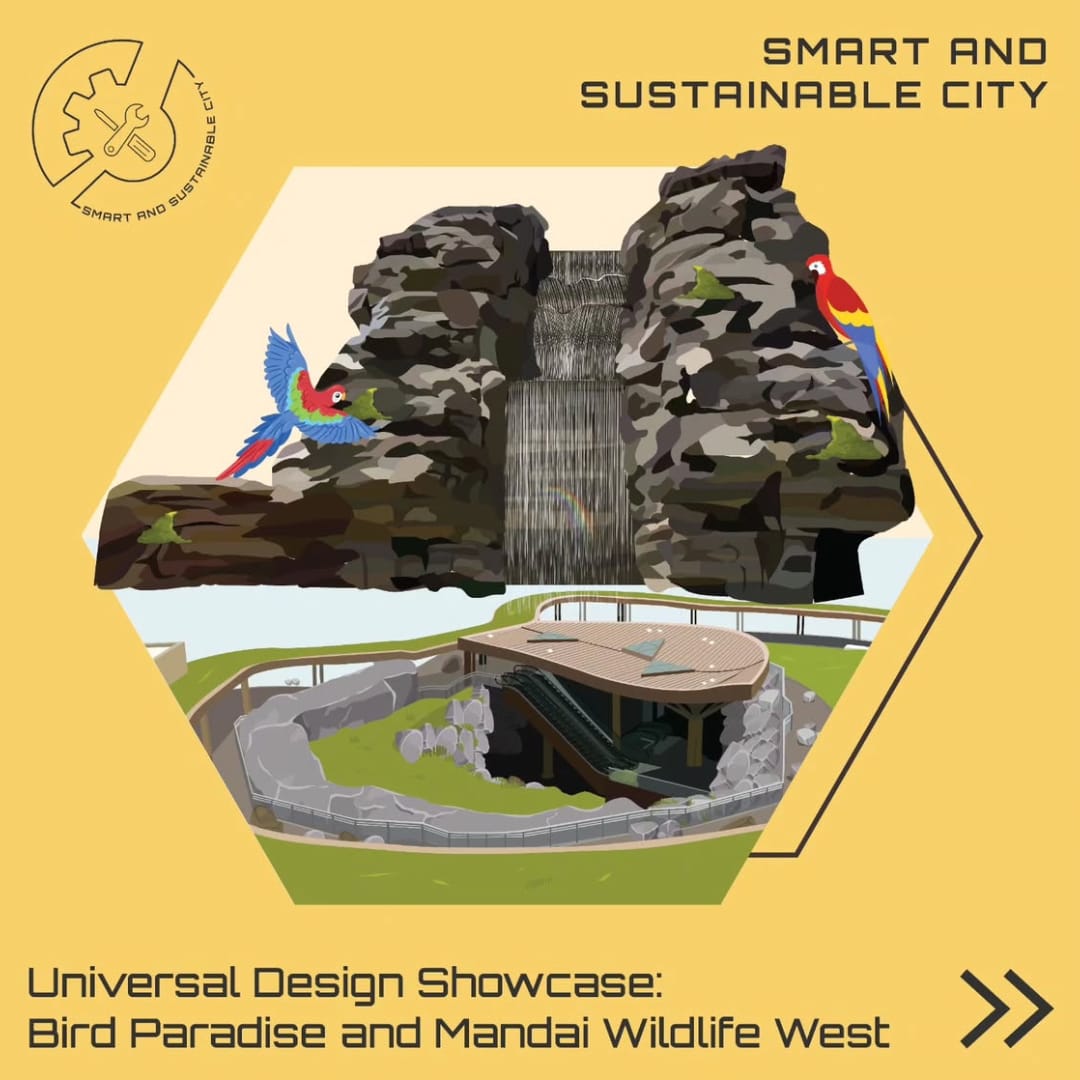 An illustrated showcase of Bird Paradise at mandai Wildlife West, featuring a waterfall cascading between rocky cliffs with colourful birds perched nearby, representing a smart and sustainable city design.