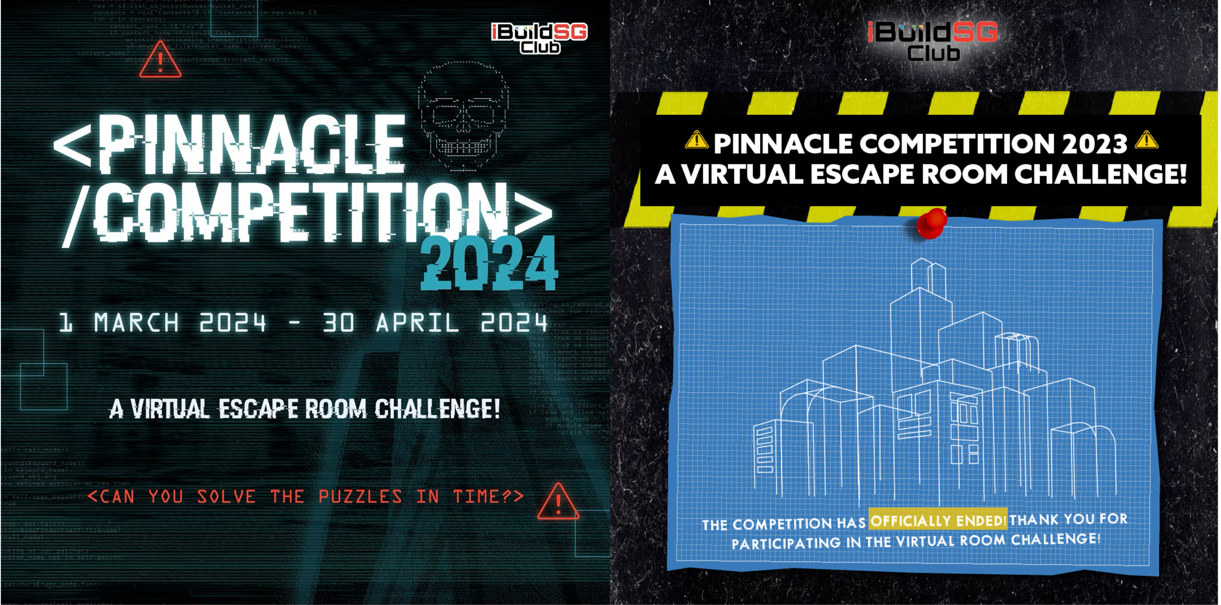 A digital-themed poster for Pinnacle Competition 2024 highlight a virtual escape room challenge, with event dates and a notice that the competition has officially ended.