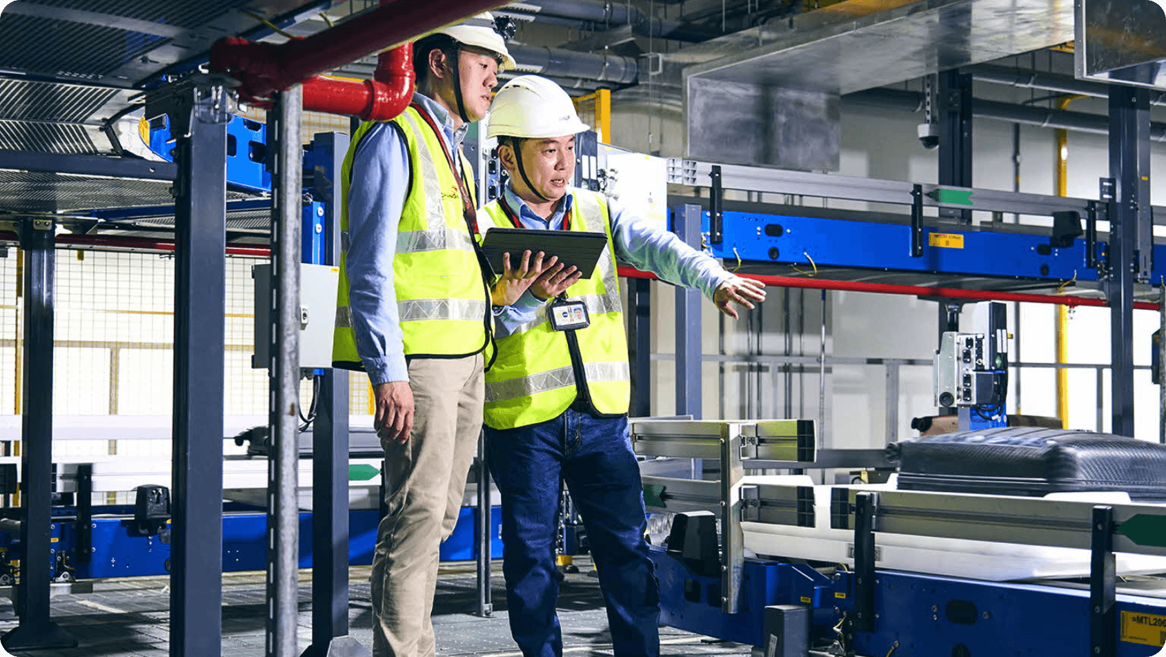 Two workers wearing reflective vests and hard hats stand in a factory with machinery, one holding a tablet and gesturing.