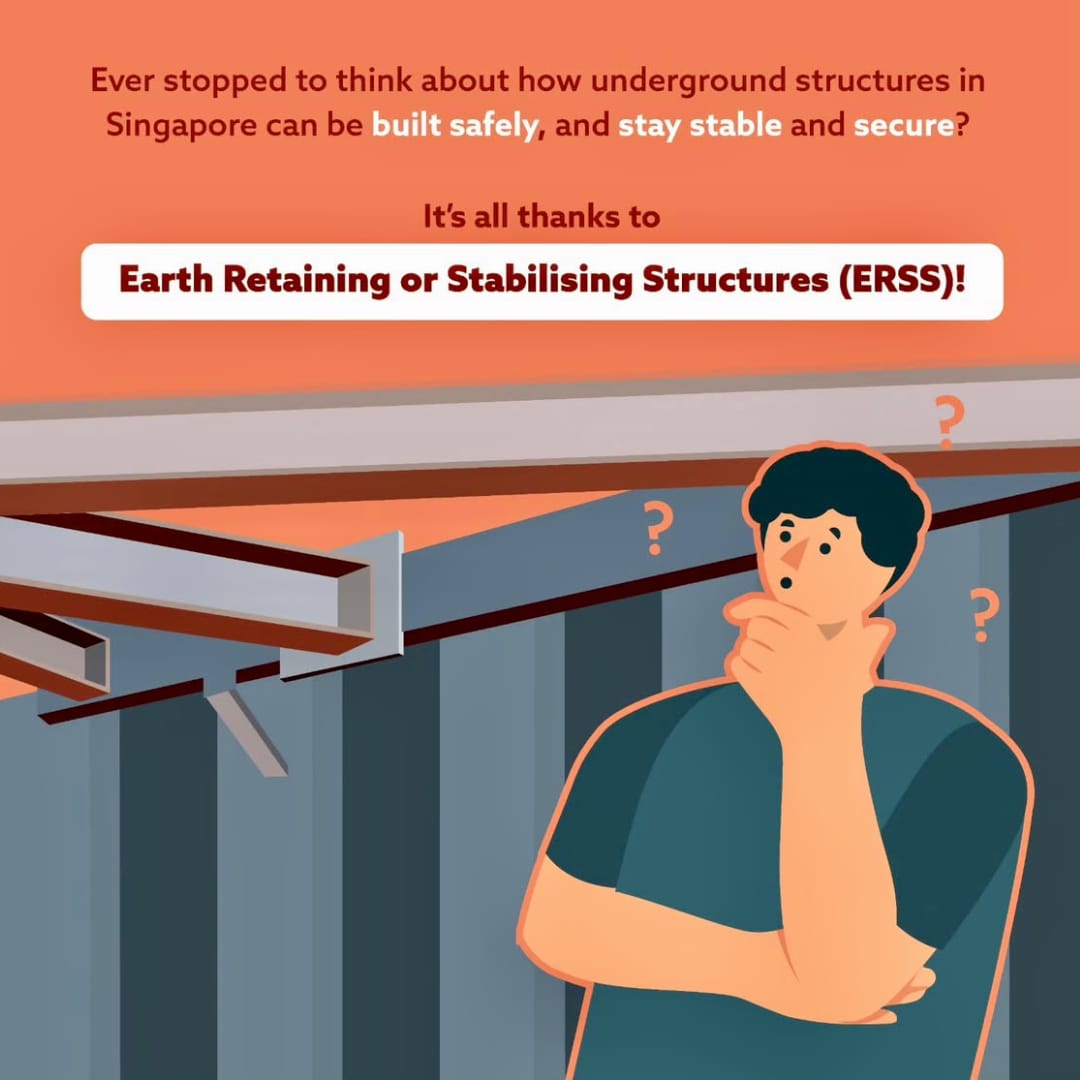 A graphic explaining Earth Retaining or Stablising Structures (ERSS), showing underground support beams and a person looking puzzled, highlighting how structures are kept stable and safe below ground.