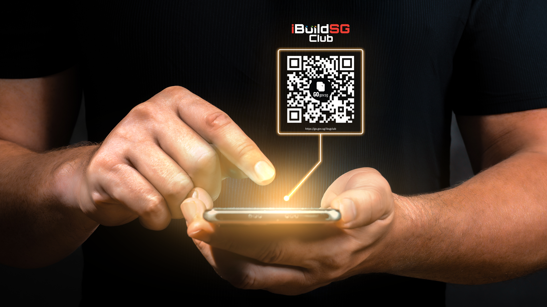 A person holding a smartphone taps the screen while a glowing QR code labelled "iBuildSG Club" hovers above it, suggesting users can scan or access the club digitally for updates and information.