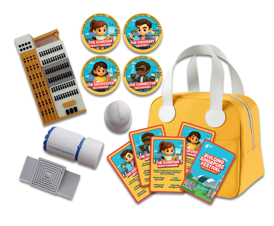 Collection of Building Singapore Festival promotional materials and educational items displayed, including a yellow bag, circular commemorative badges, informational cards, a miniature construction hard hat, and various construction-themed toy objects. These materials serve as educational tools and souvenirs to engage the public about careers and innovations in Singapore's Built Environment sector.
