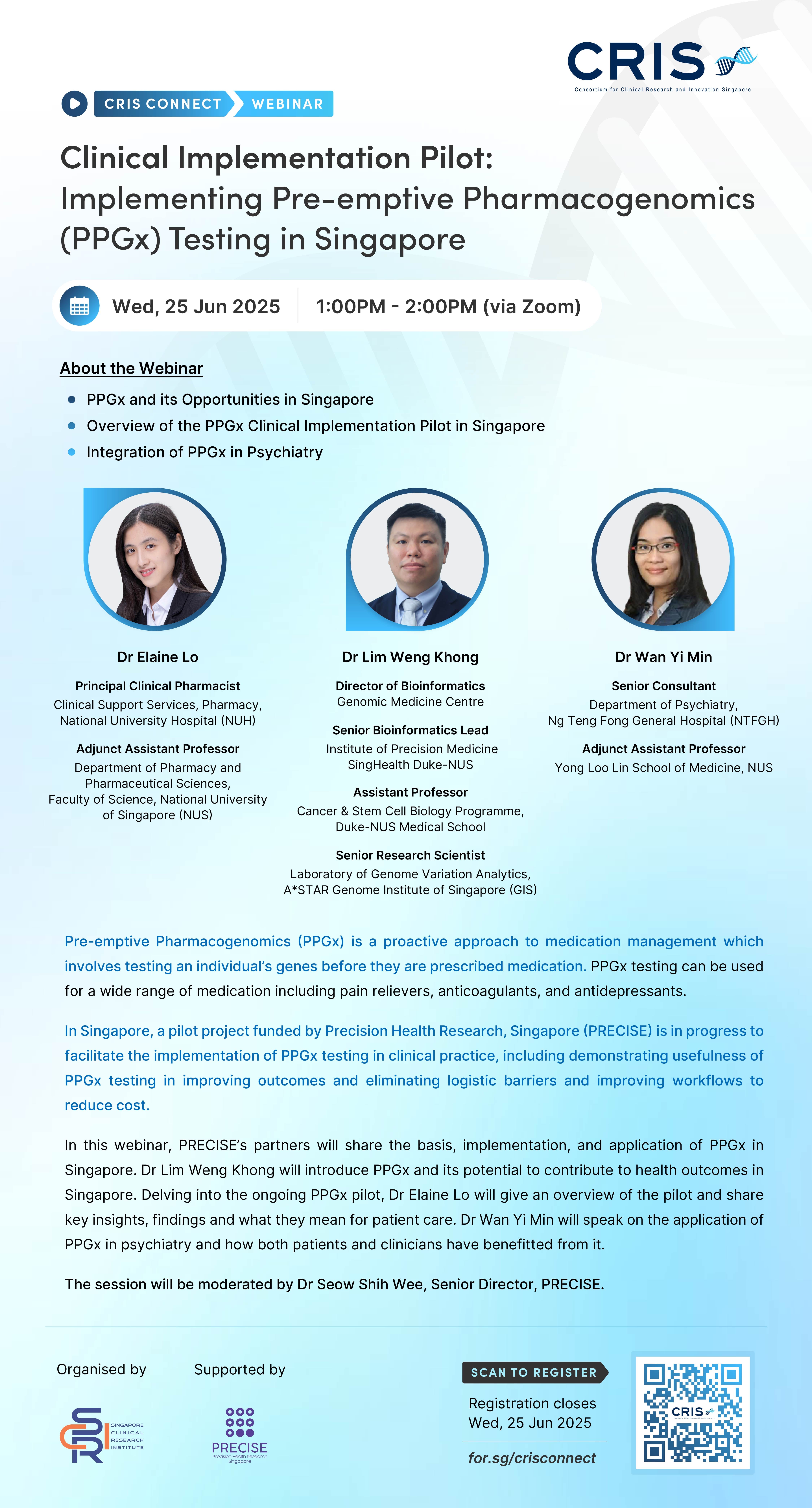 Webinar flyer detailing clinical implementation of pre-emptive pharmacogenomics testing in Singapore on June 25, 2025 via Zoom.