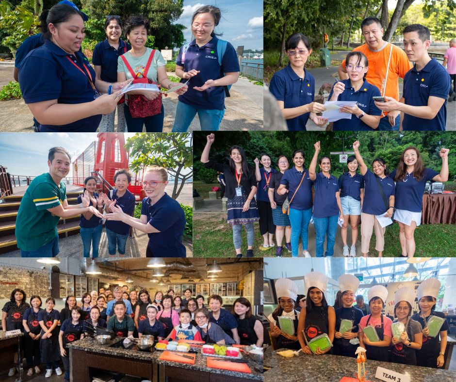Groups of people wearing dark blue shirts and participating in outdoor team activities and indoor cooking classes.