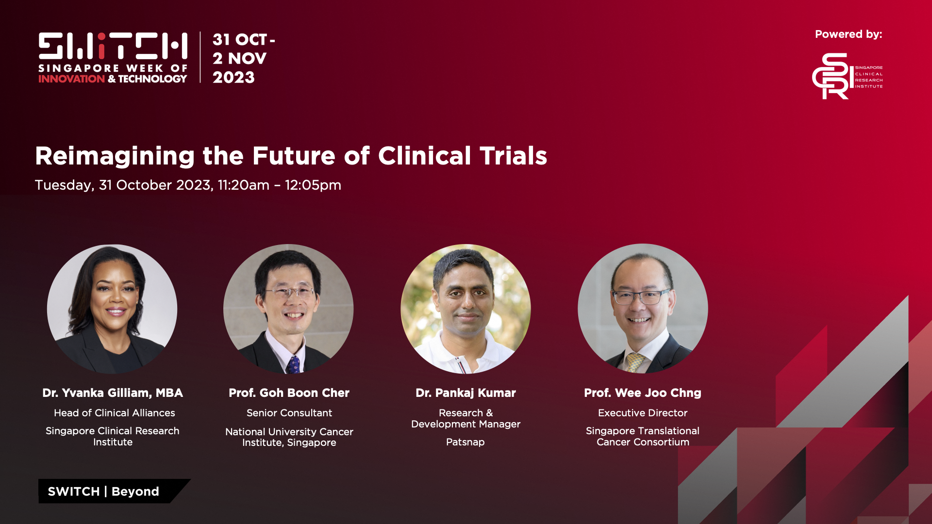 Event title "Reimagining the Future of Clinical Trials," featuring speakers and details, powered by Singapore Clinical Research Institute.