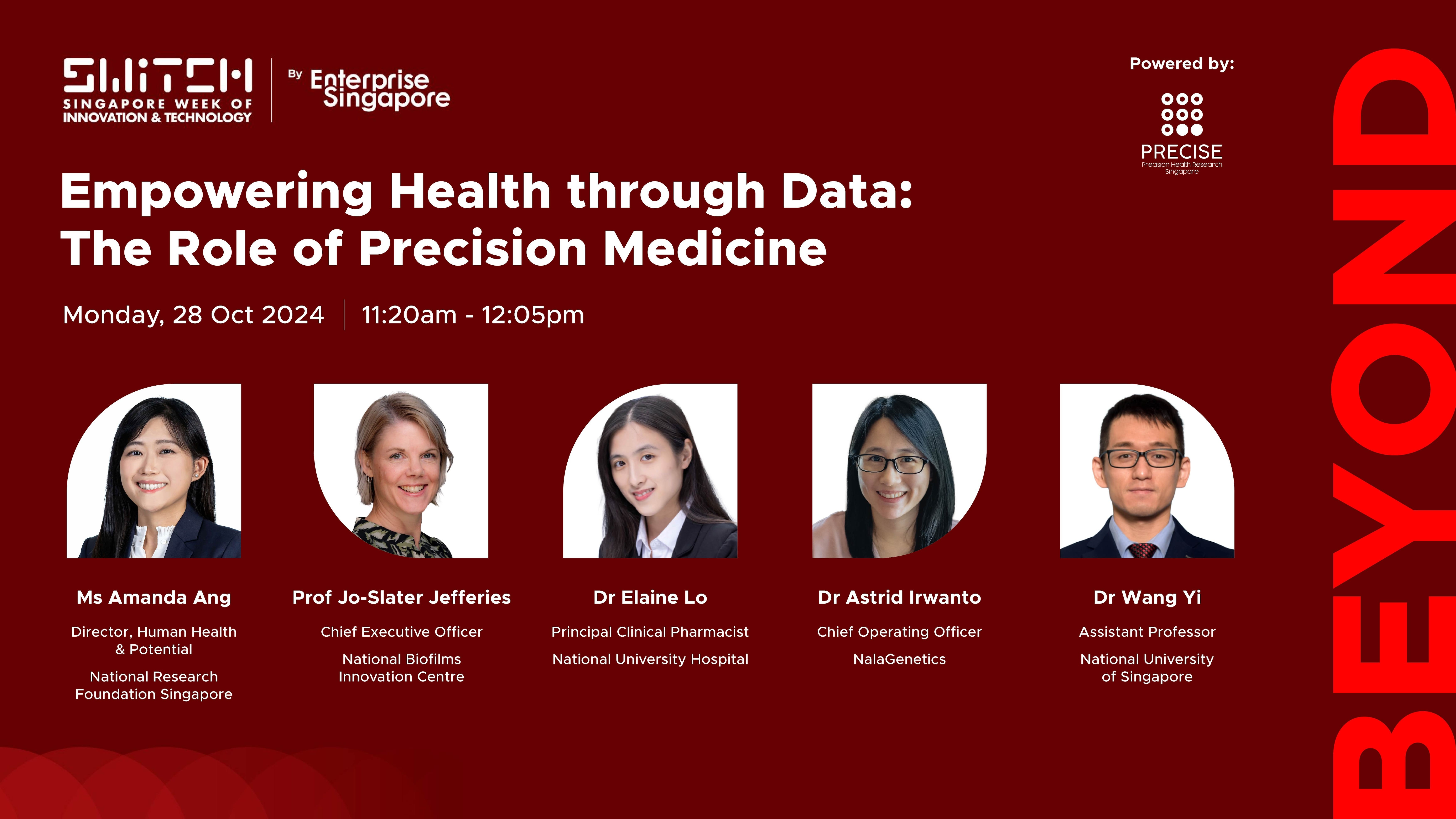 Details for the "Empowering Health through Data" event with speaker names, titles, and organizations against a red background.