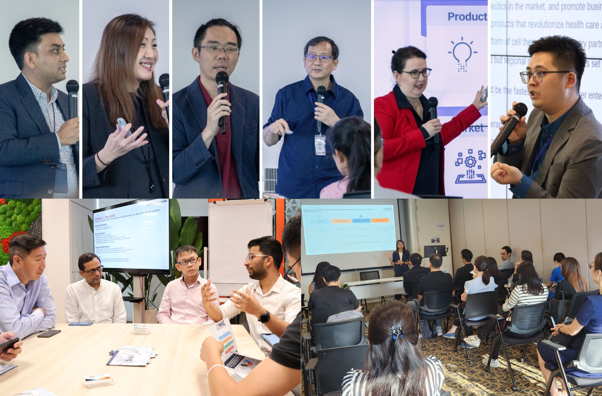 People are speaking at presentations and meetings, holding microphones, documents, and surrounded by screens and audience.