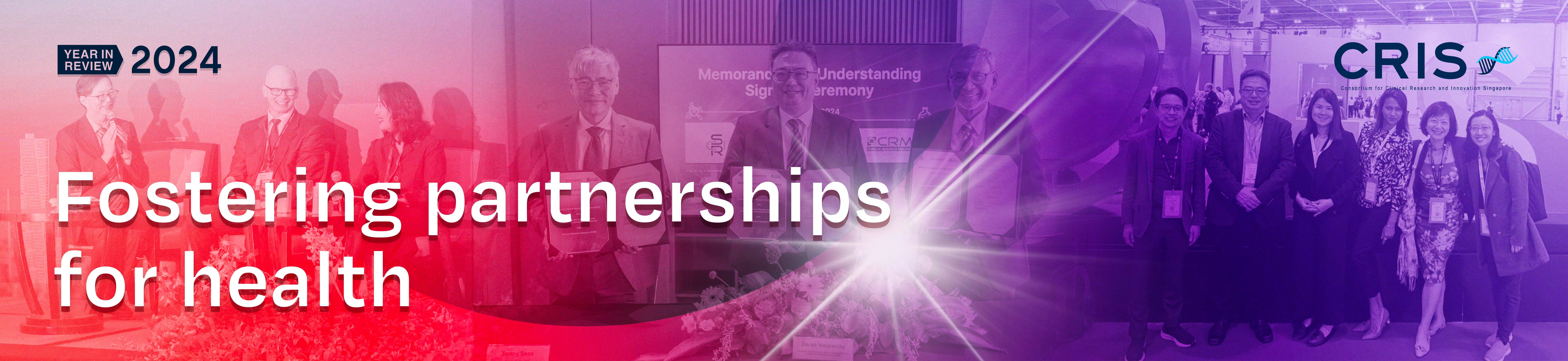 Text "Fostering partnerships for health" with blurred people in suits and dresses against a purple and red background.