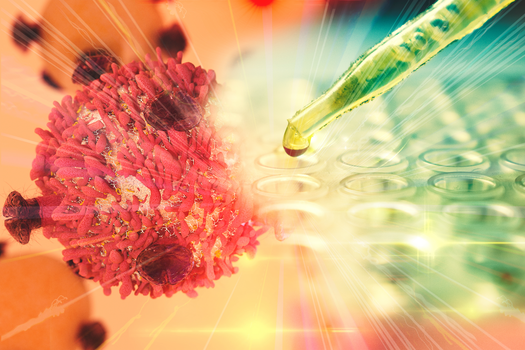 A pipette adds a drop of liquid to a cell sample under a microscope, with colorful, glowing light effects around the scene.