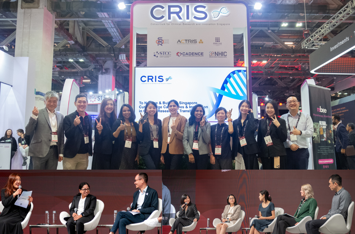 Group of business professionals posing with peace signs in front of CRIS logo; panel of speakers seated on stage below.