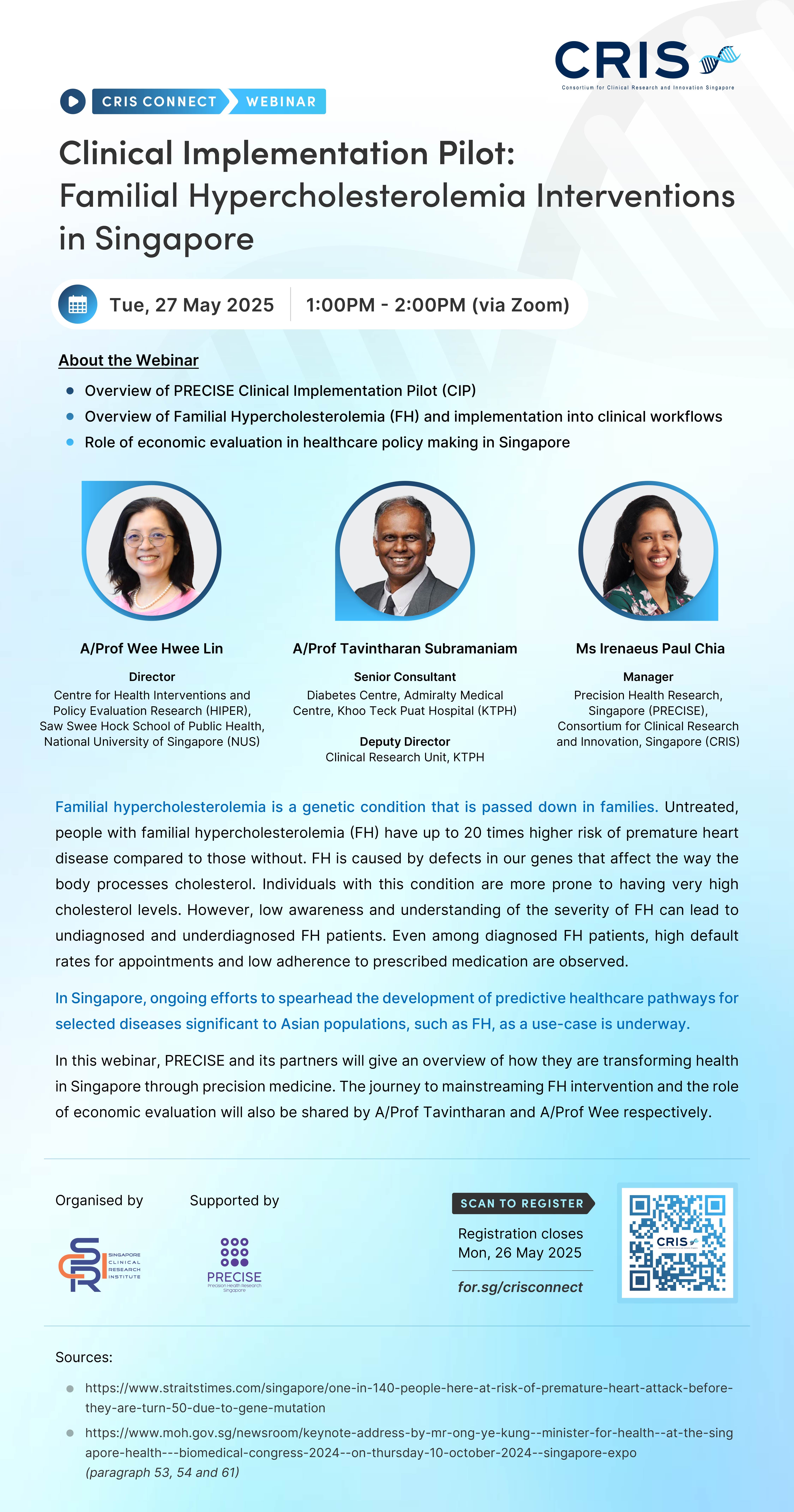 Webinar on Familial Hypercholesterolemia interventions in Singapore, scheduled for 27 May 2025, with three listed speakers.