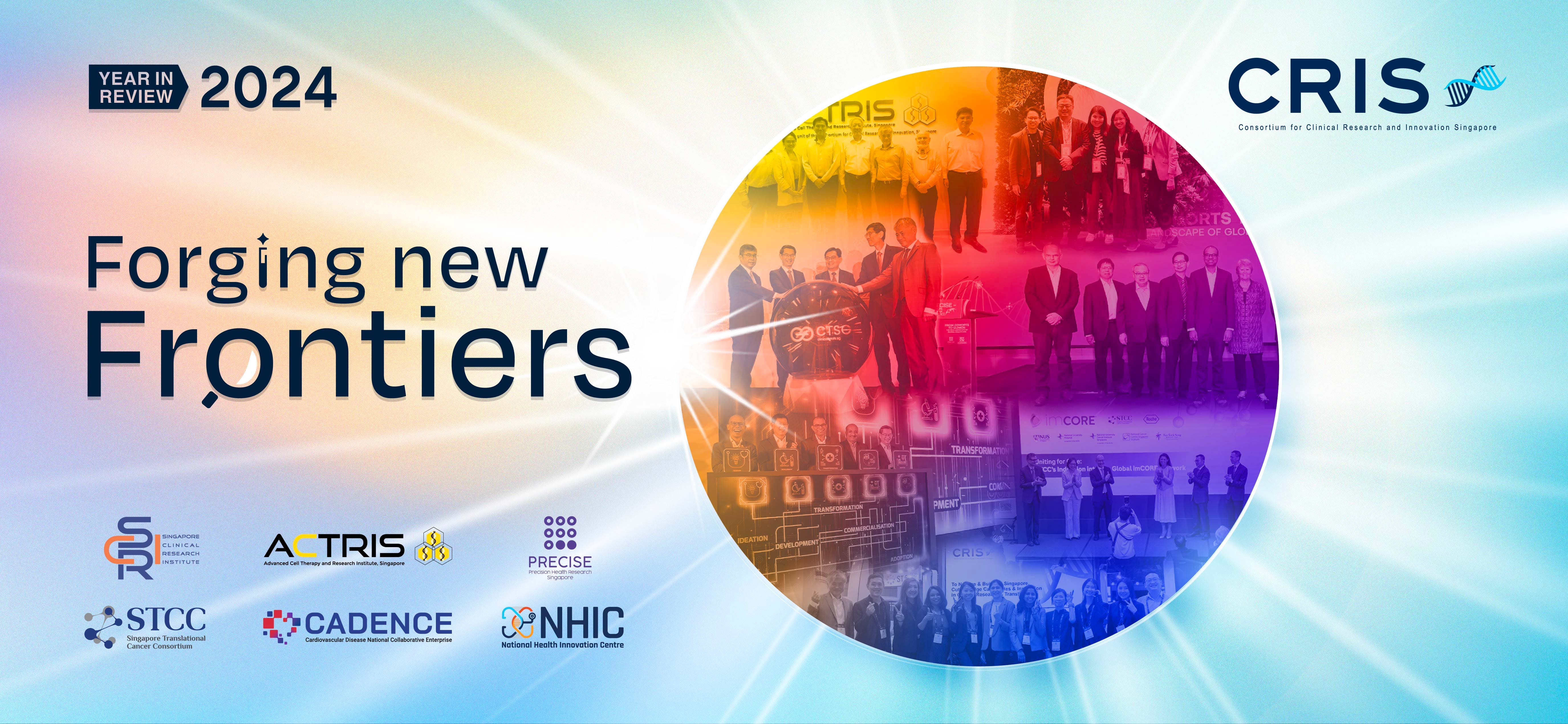 Multicolored circle with groups of people, and captions: "Forging new Frontiers" and "CRIS" with various consortium logos below.