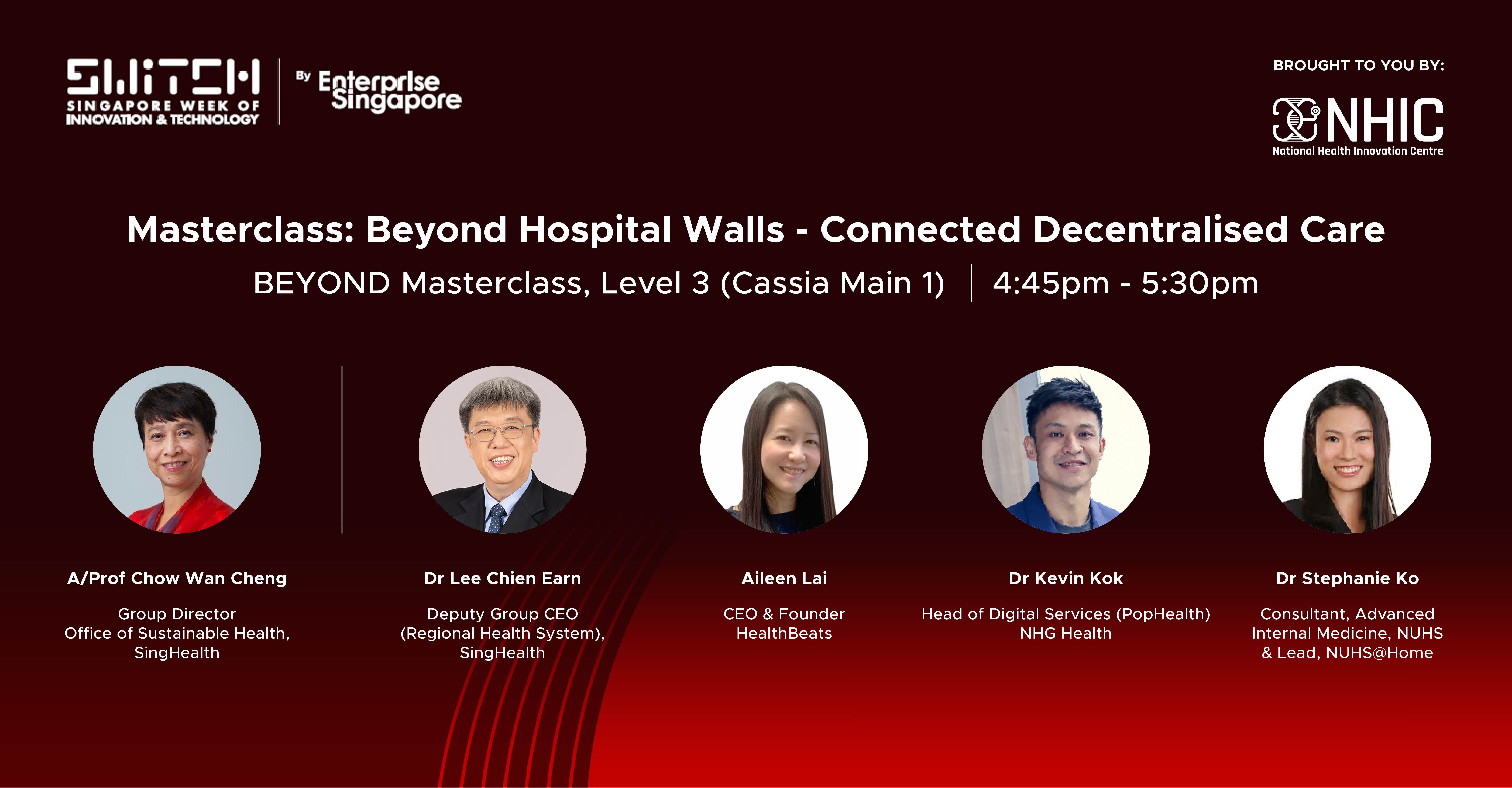 Event titled "Beyond Hospital Walls - Connected Decentralised Care" listing speakers and their affiliations from health organizations.