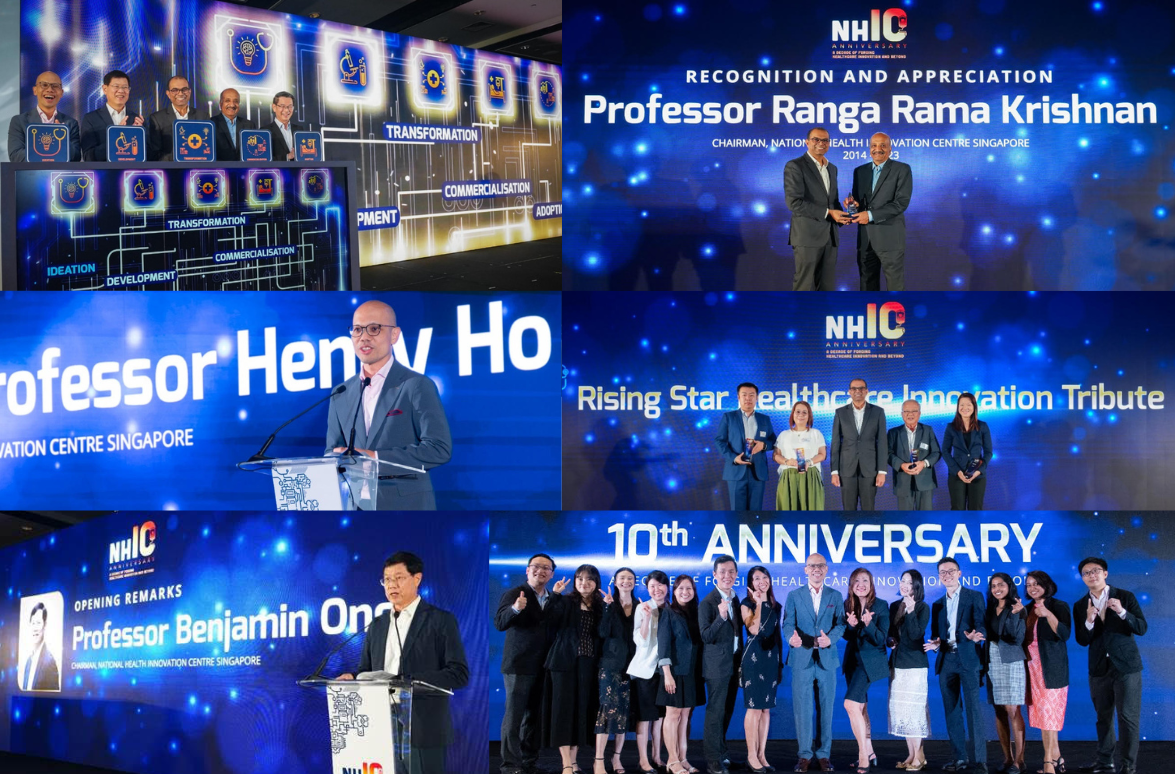 Multiple speakers at a healthcare innovation event with large digital screens displaying various recognitions and presentations.