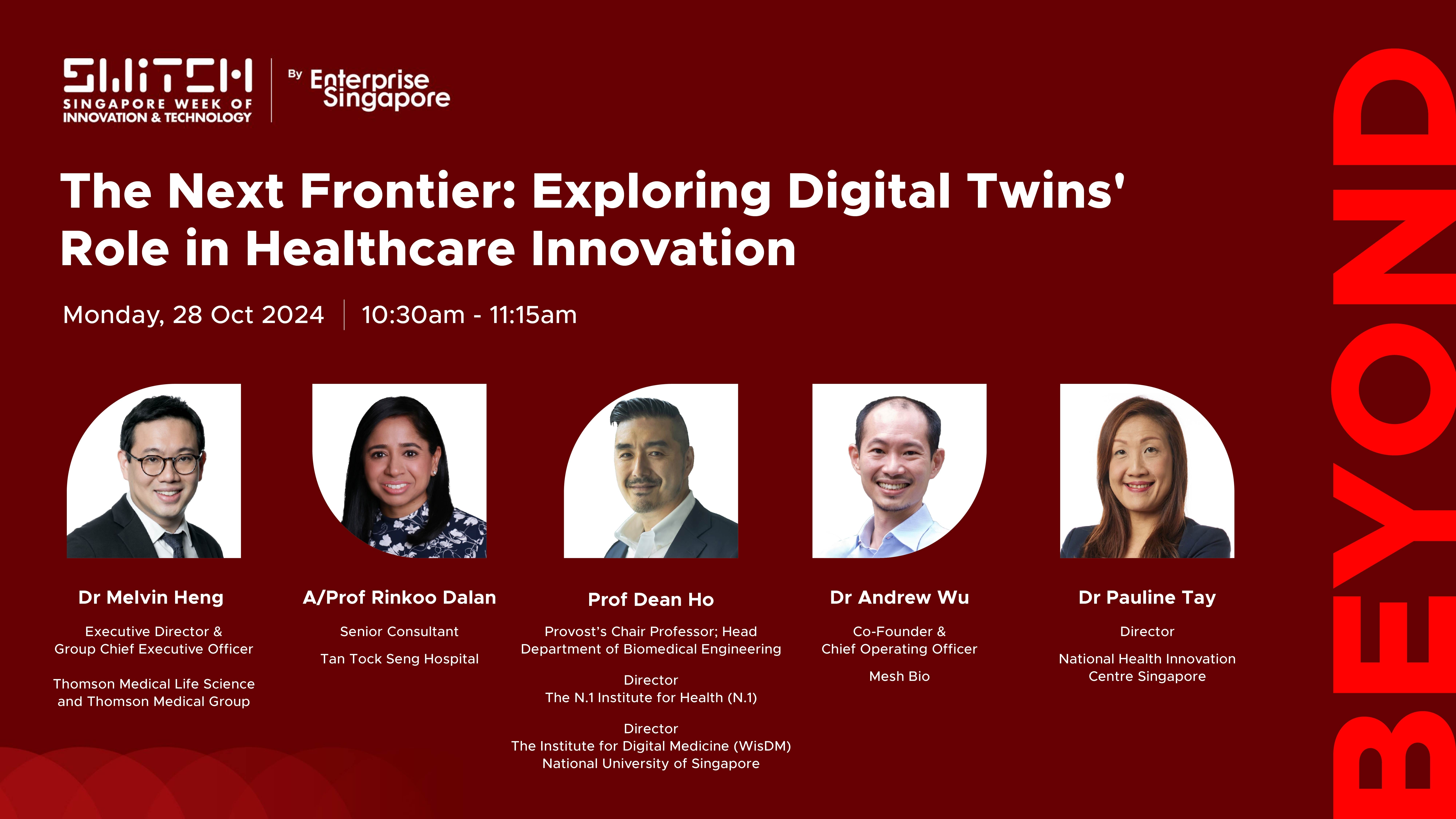 Poster for SWITCH by Enterprise Singapore titled "The Next Frontier: Exploring Digital Twins' Role in Healthcare Innovation."