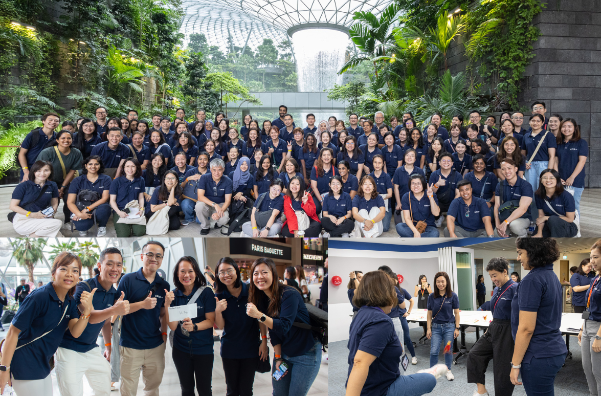 A large group of people wearing navy blue shirts pose in a lush indoor garden, with additional smaller group photos below.