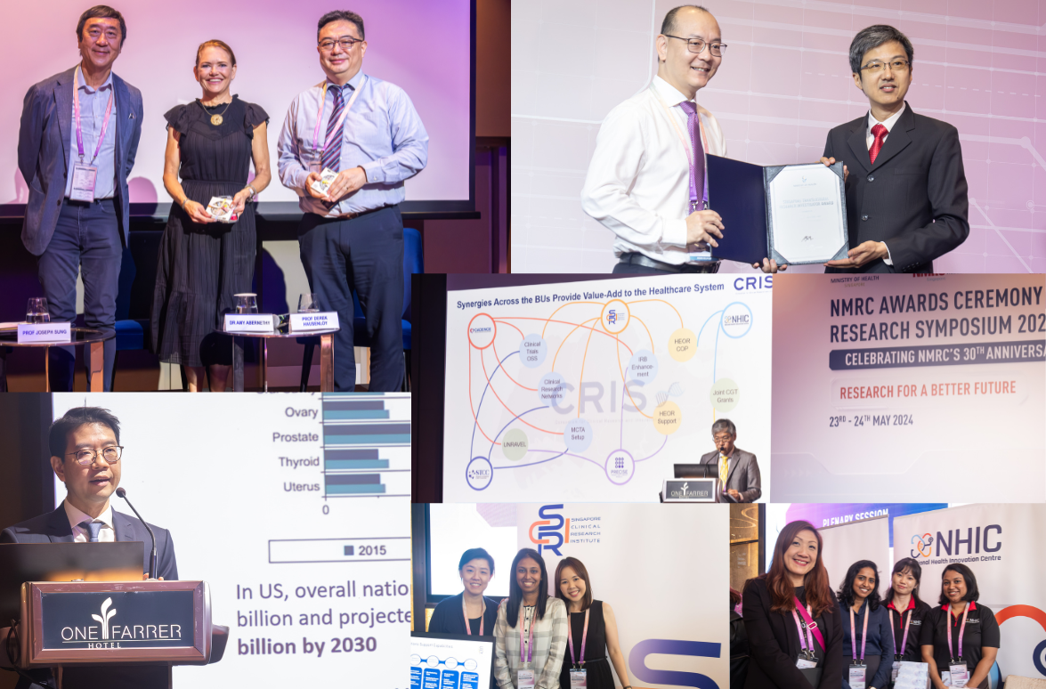 The image shows various scenes from a medical research symposium, including presentations, diagrams, and award ceremonies.