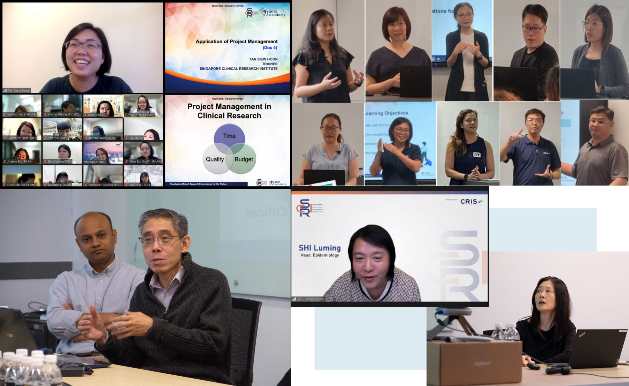 The collage shows various people giving presentations, participating in a virtual meeting, and discussing project management in clinical research.