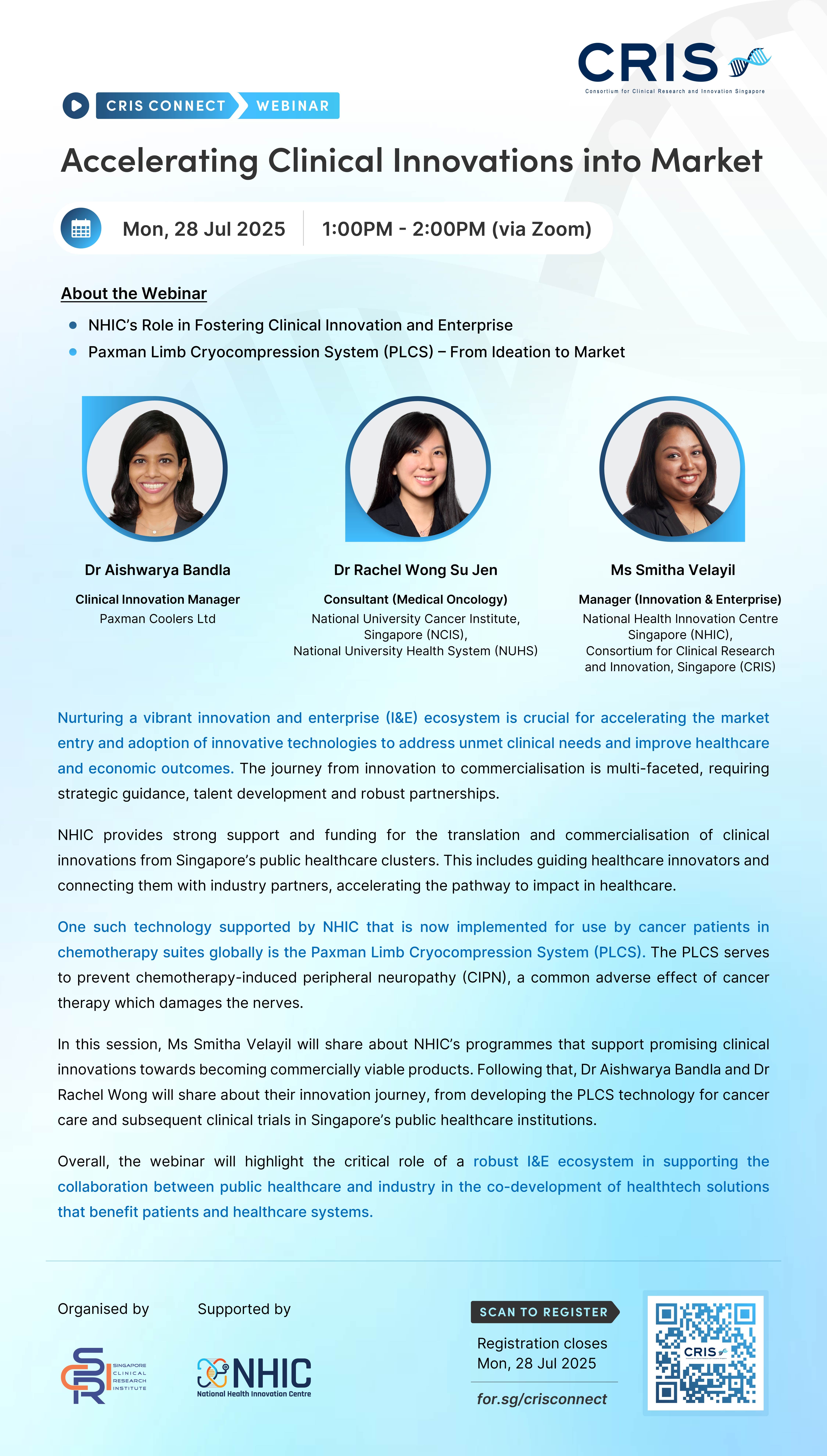 Webinar flyer for "Accelerating Clinical Innovations into Market" with details on date, time, and speakers' names and roles.