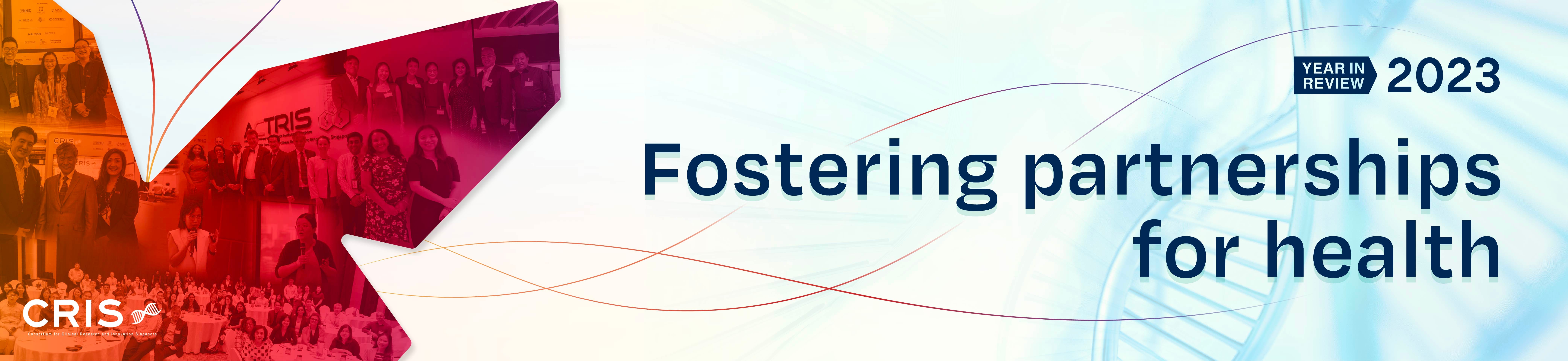 Banner with "Fostering partnerships for health" text, CRIS logo, and photos of people at an event.