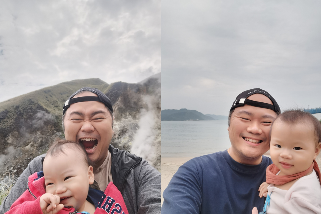 The left photo shows mountains and steam, while the right photo features a beach and calm sea with hills in the distance.