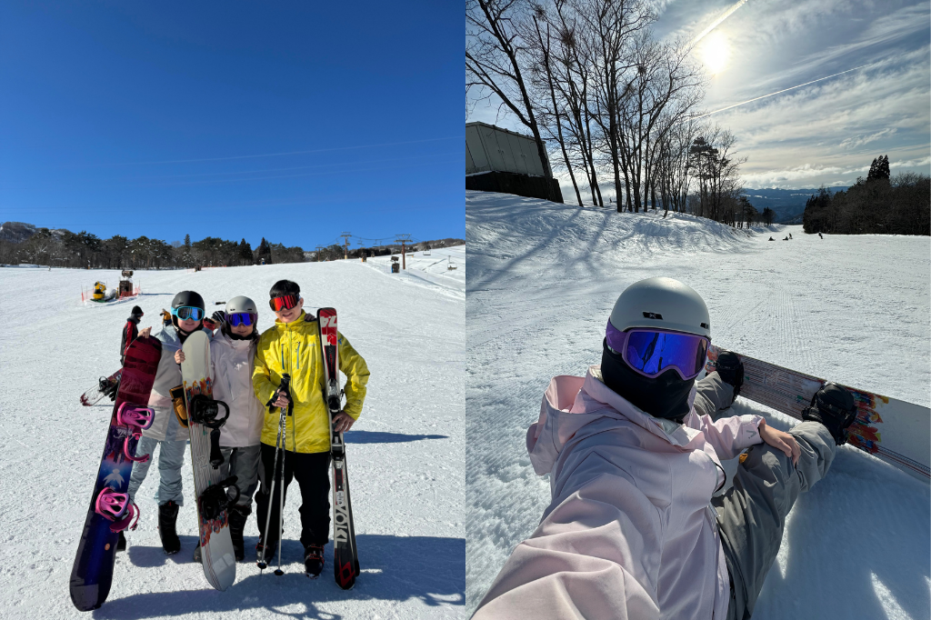 The image shows people posing with snowboards and ski poles on a snowy slope, with trees and clear blue sky in the background.