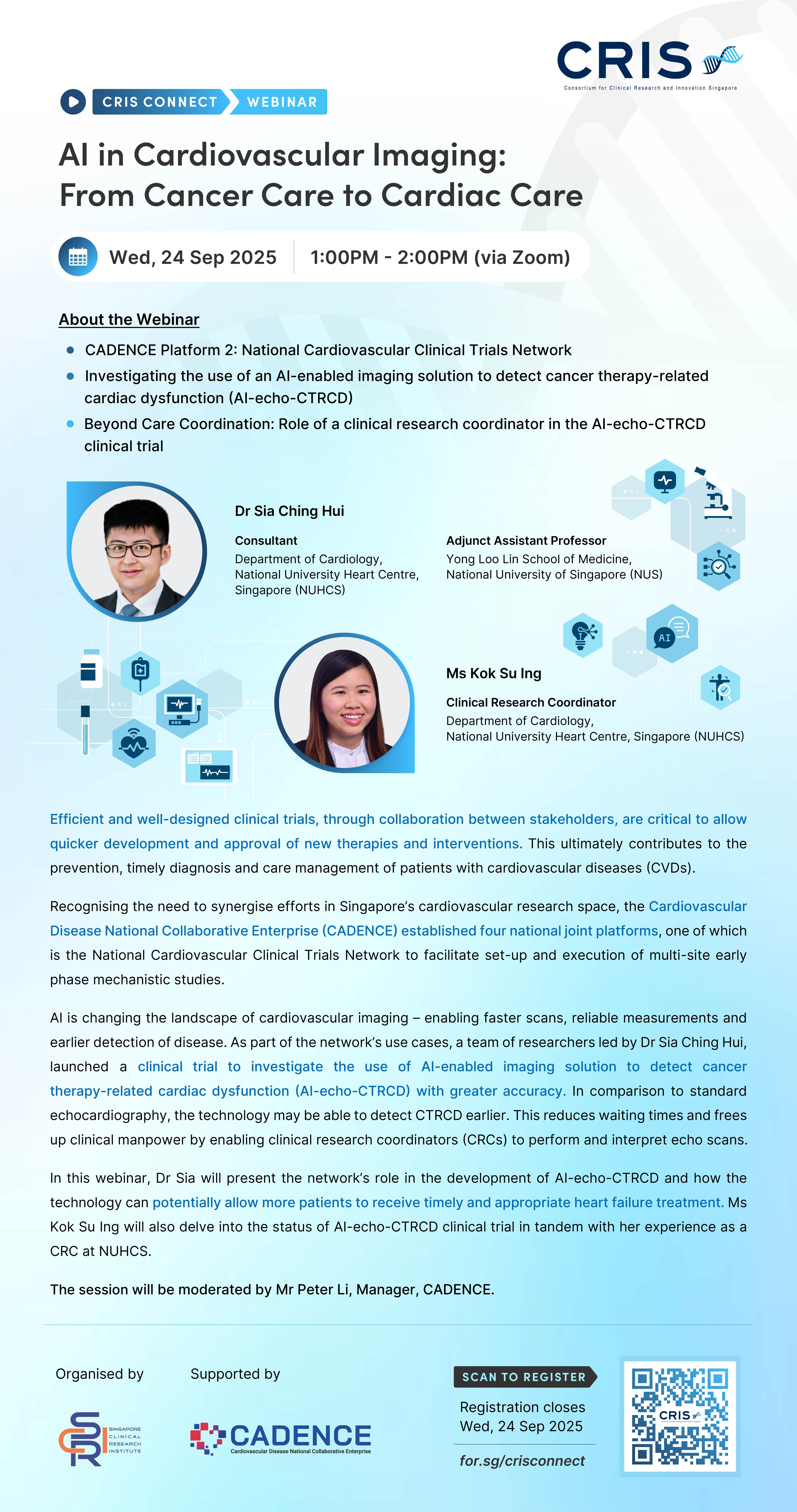 A webinar announcement titled "AI in Cardiovascular Imaging: From Cancer Care to Cardiac Care" on 24 Sep 2025, 1:00PM-2:00PM via Zoom.
