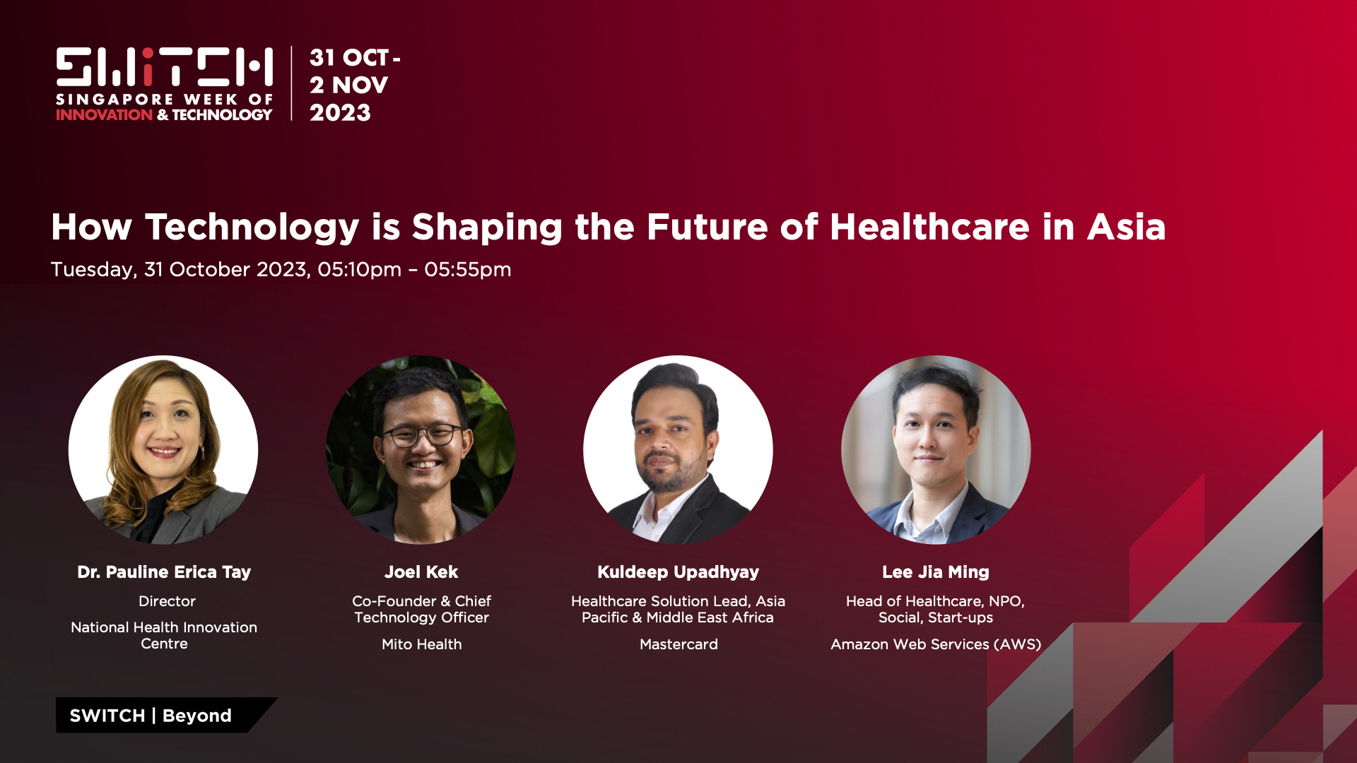 Event banner for "How Technology is Shaping the Future of Healthcare in Asia" with names and titles of four speakers.