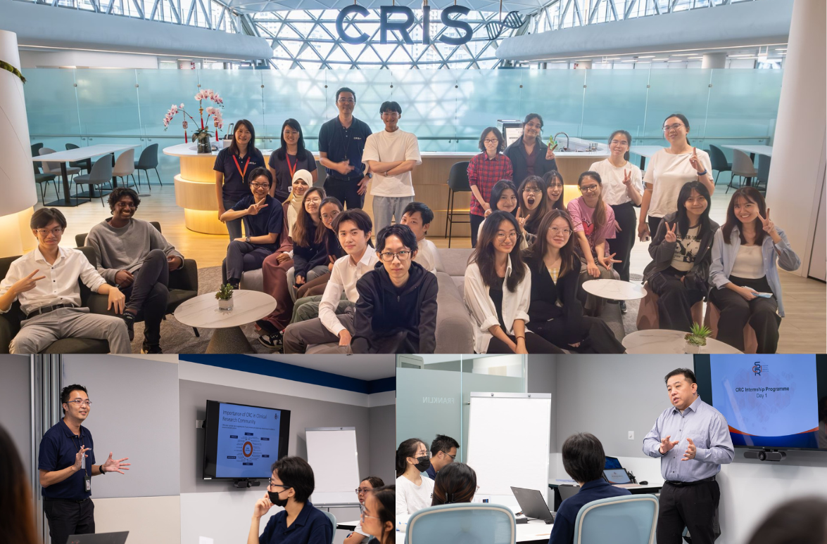 A group photo of people in a modern office with glass walls and two presentations involving three individuals in an office setting.