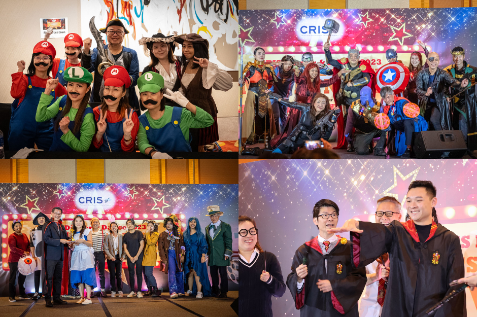 Four groups of people wearing various costumes including Mario characters, superheroes, and Harry Potter outfits at an event.