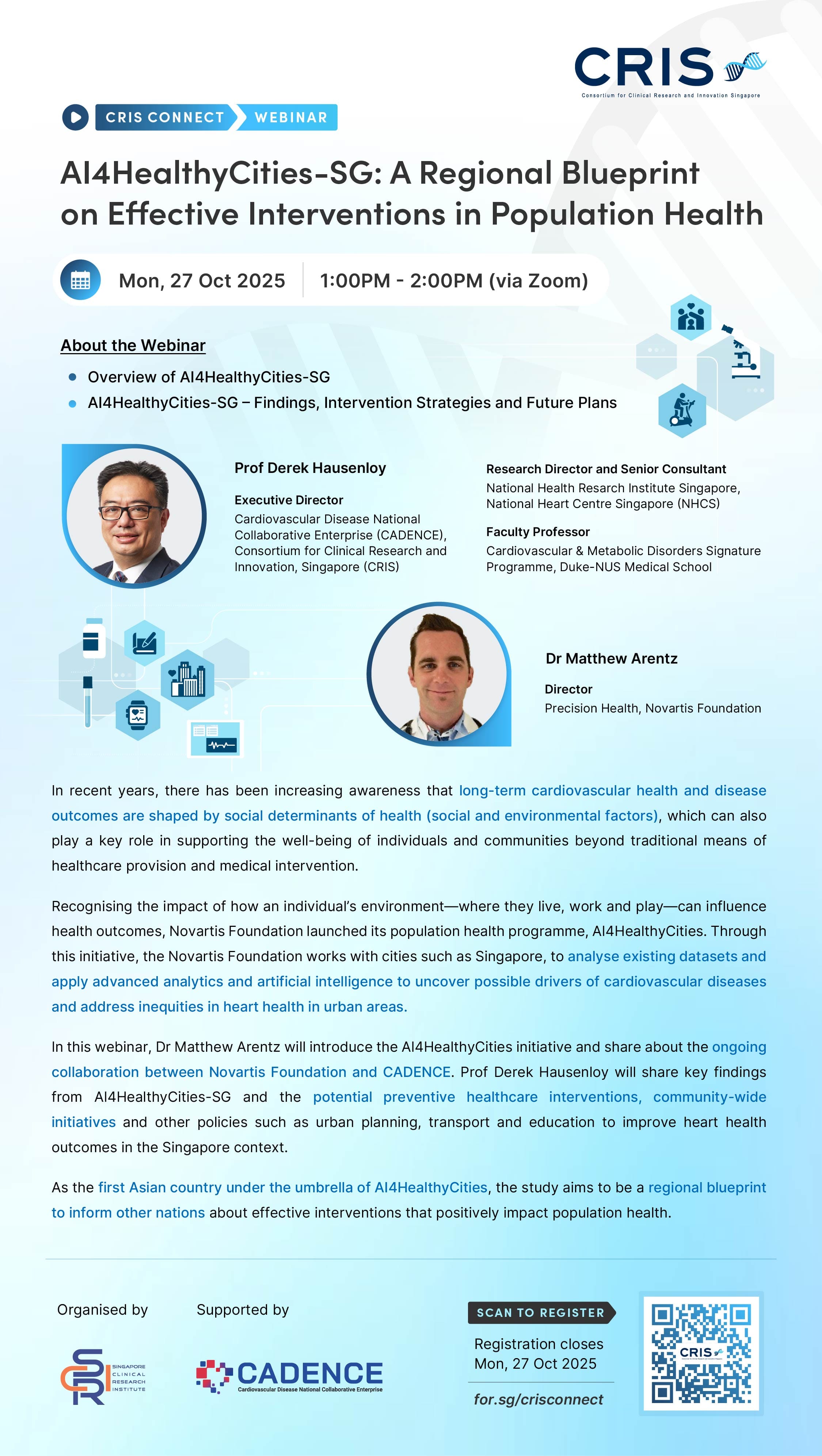 Webinar on AI4HealthyCities-SG discussing regional blueprint for effective population health interventions on October 27, 2025.