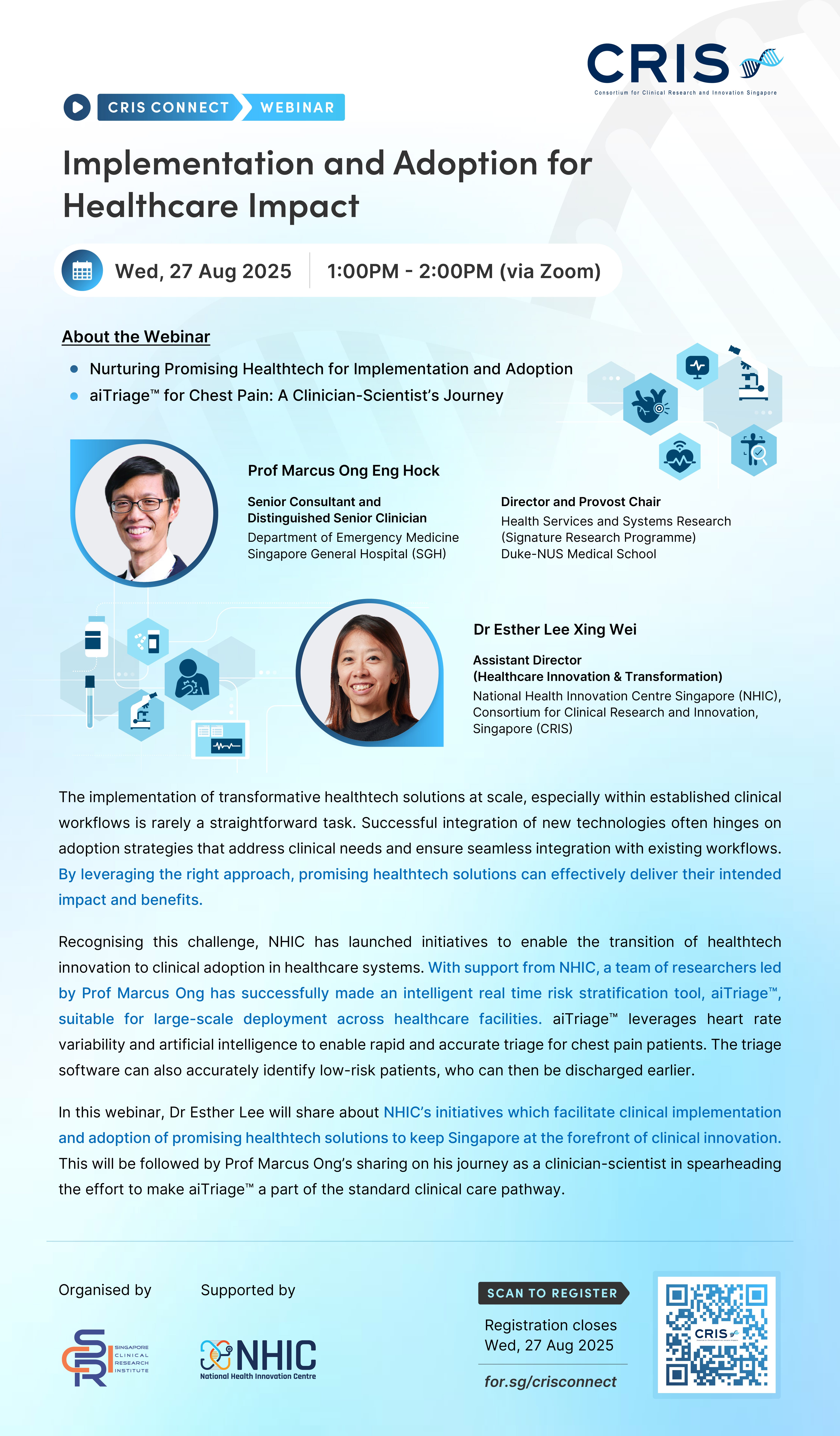 Webinar titled 'Implementation and Adoption for Healthcare Impact' on 27 Aug 2025, details about speakers and topics covered.