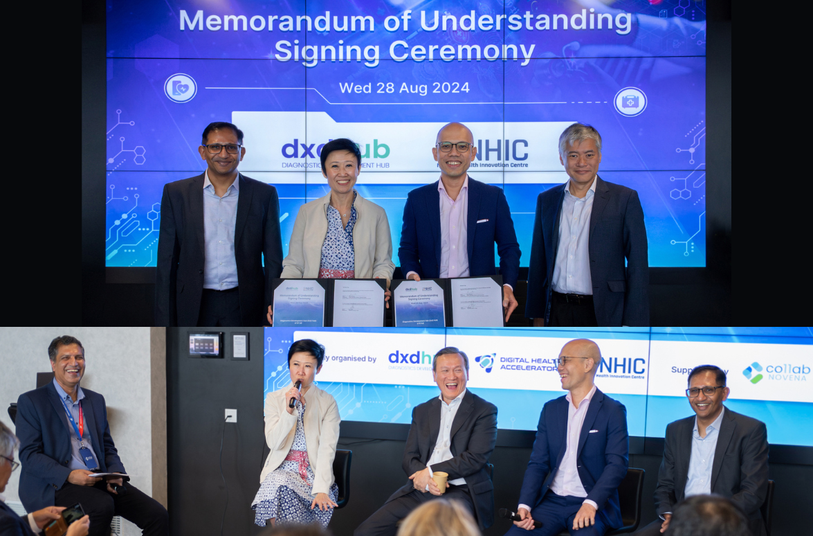 A group of people in formal attire at a memorandum signing ceremony with certificates and a digital health accelerator backdrop.