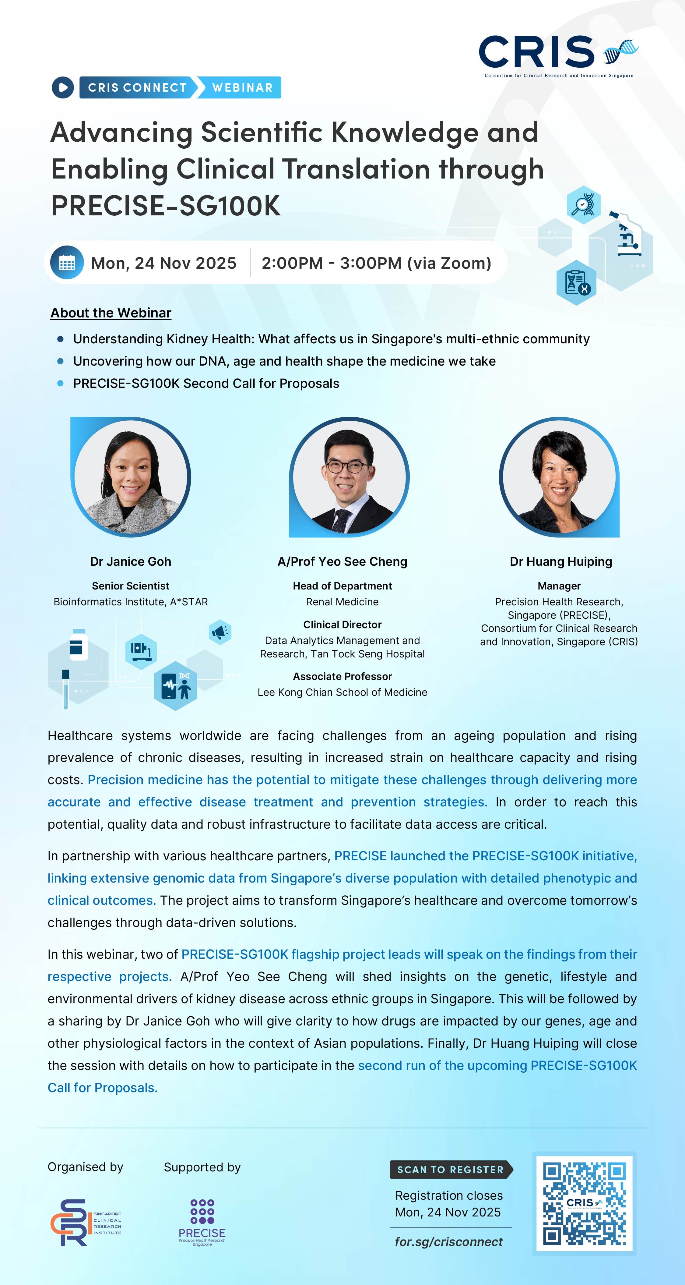 Webinar on advancing scientific knowledge titled "Enabling Clinical Translation through PRECISE-SG100K," set for Mon, 24 Nov 2025.