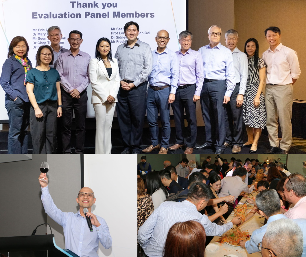 A group photo of panel members in front of a presentation screen, a person holding a glass aloft, and people at a dining table.