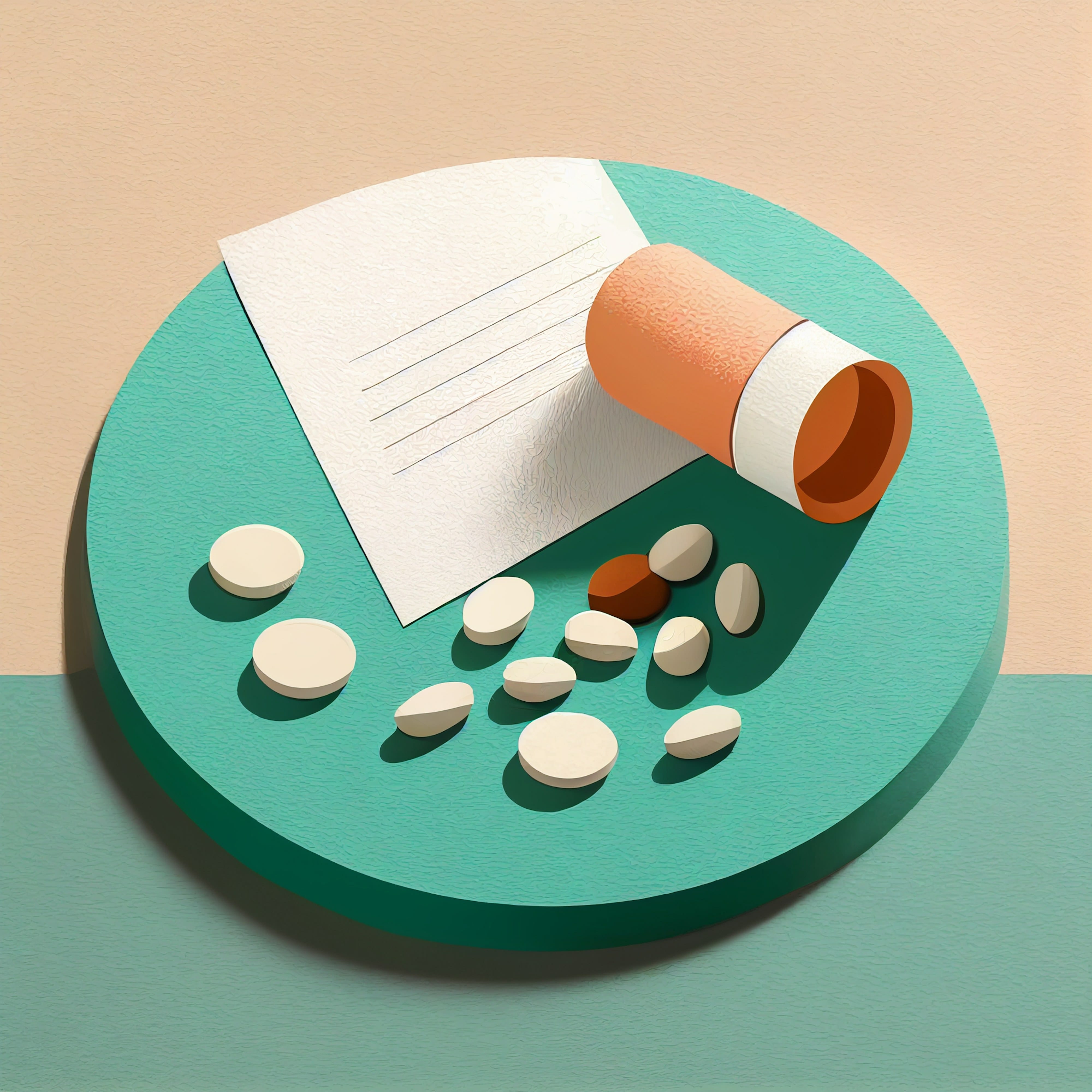 A round teal surface holds an inverted pill bottle, scattered pills, and a piece of paper with lines.