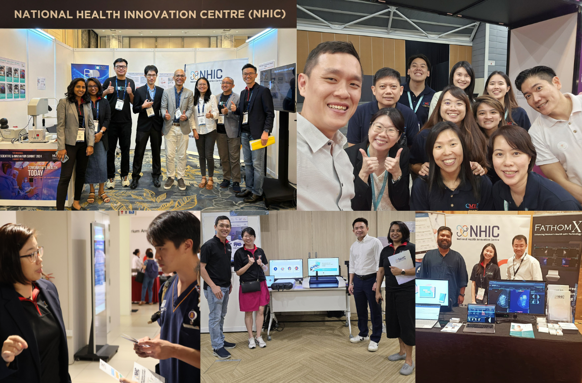 Five photos show individuals standing in front of booths or presentation screens at the National Health Innovation Centre.
